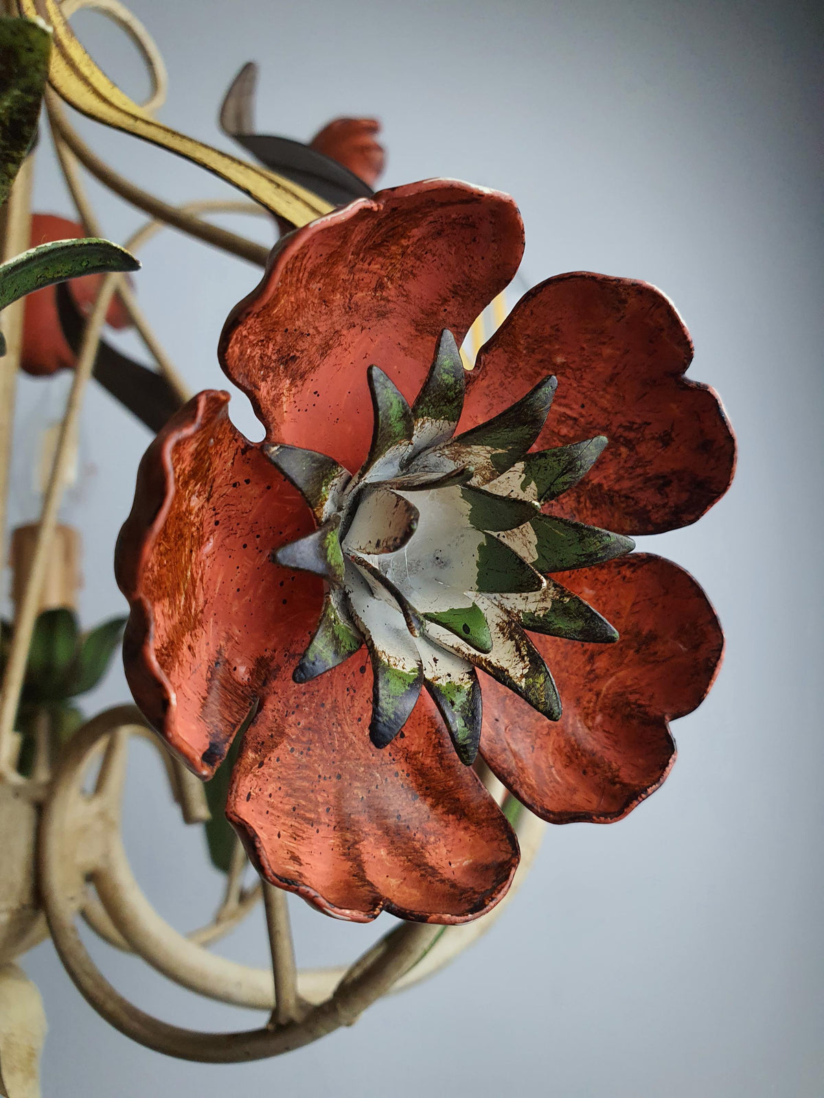 Vintage Italian tole chandelier in kitchen, red green poppy flowers, 4-arm candle, eclectic Bohemian Italian villa interior