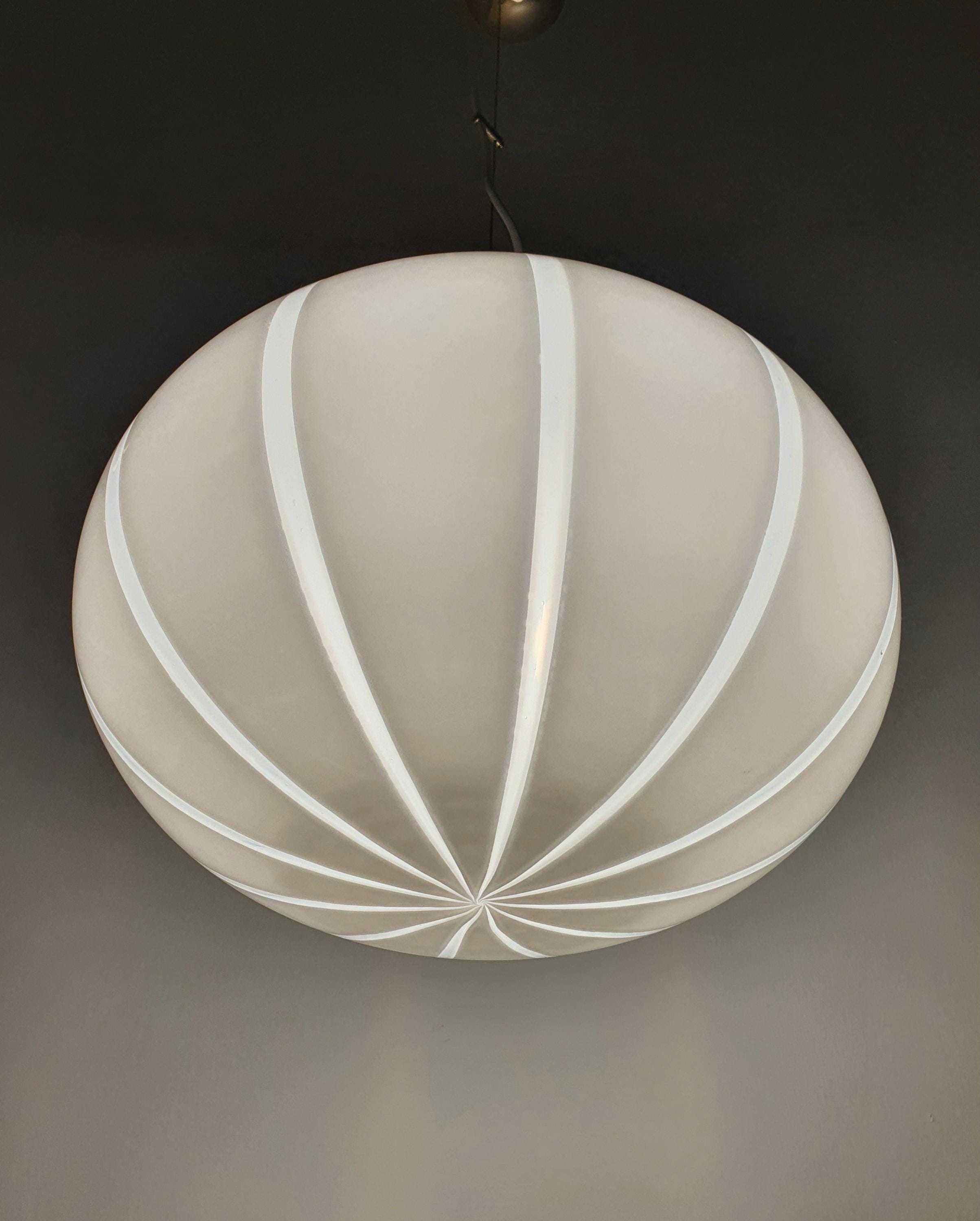 Vintage Murano Glass Globe Pendant Light: Striped White Ball Lamp