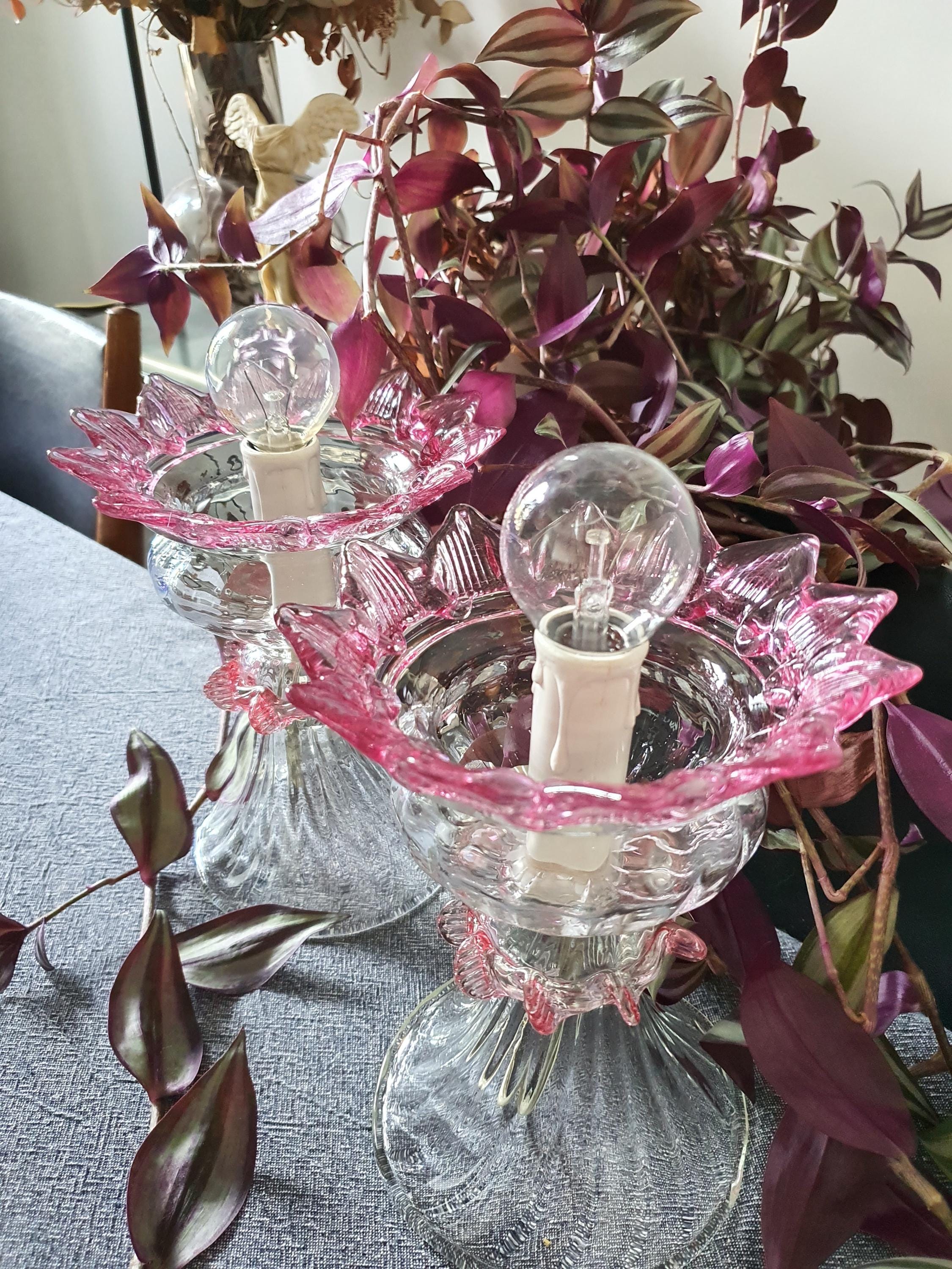 Pink Art Deco Murano Glass Tulip Bedside Lamps: MCM Retro Lighting