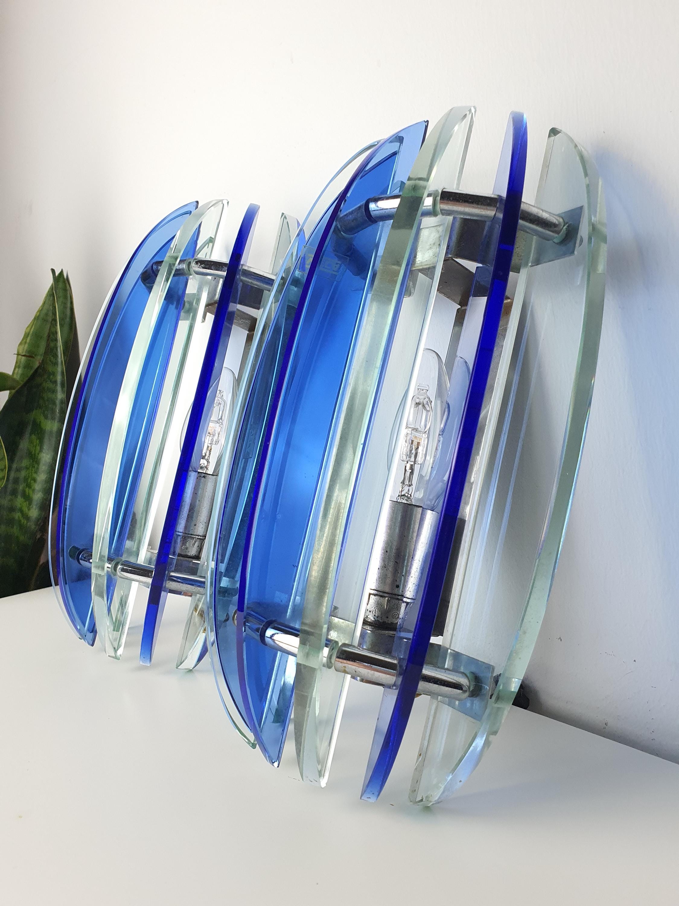 Blue UFO Glass Wall Sconces by Veca: Mid-Century Modern Italian Lighting