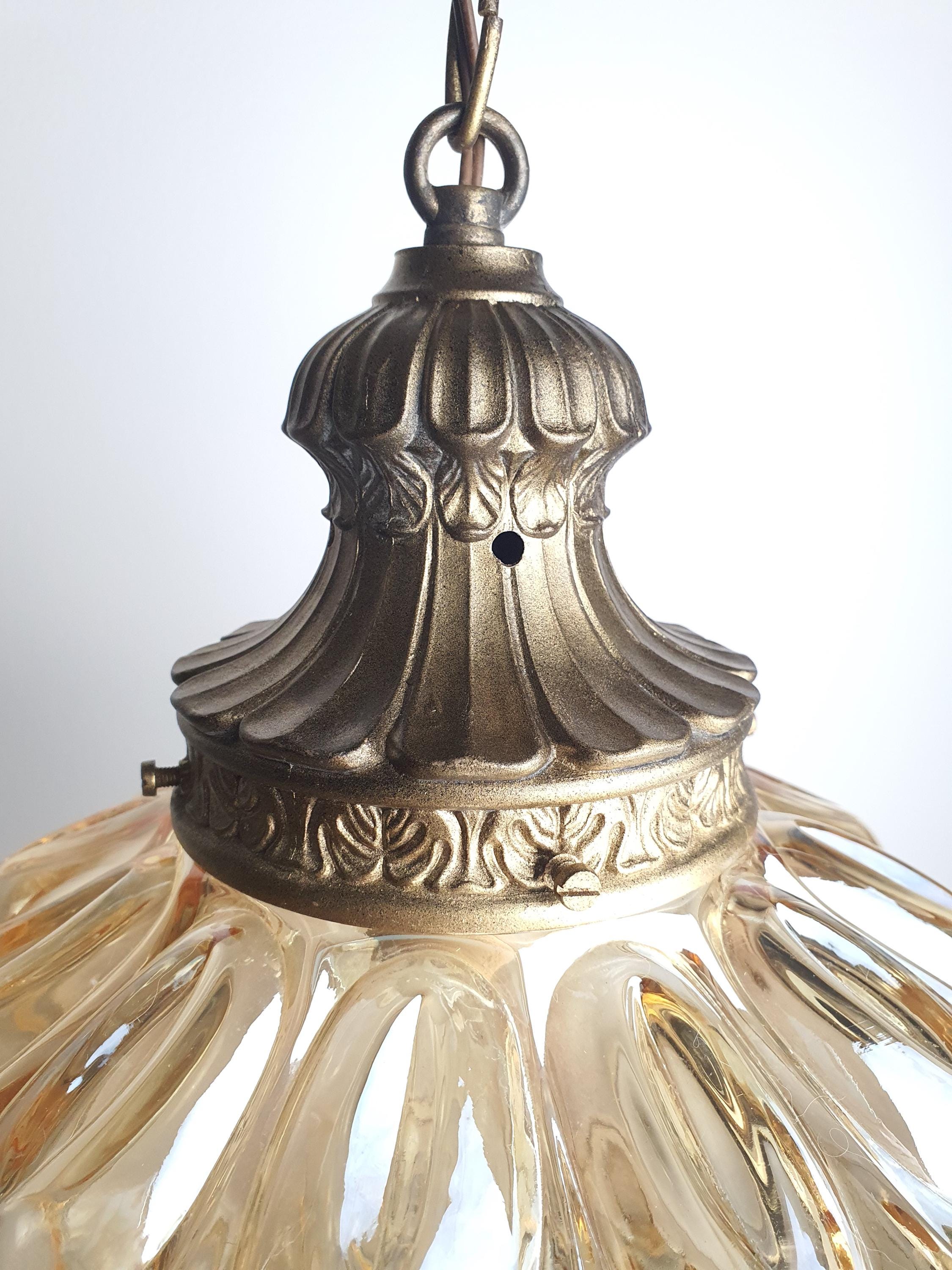 Art Deco Pendant Light – Stamped Beige Glass with Pearl Finish & Bronze Fixture