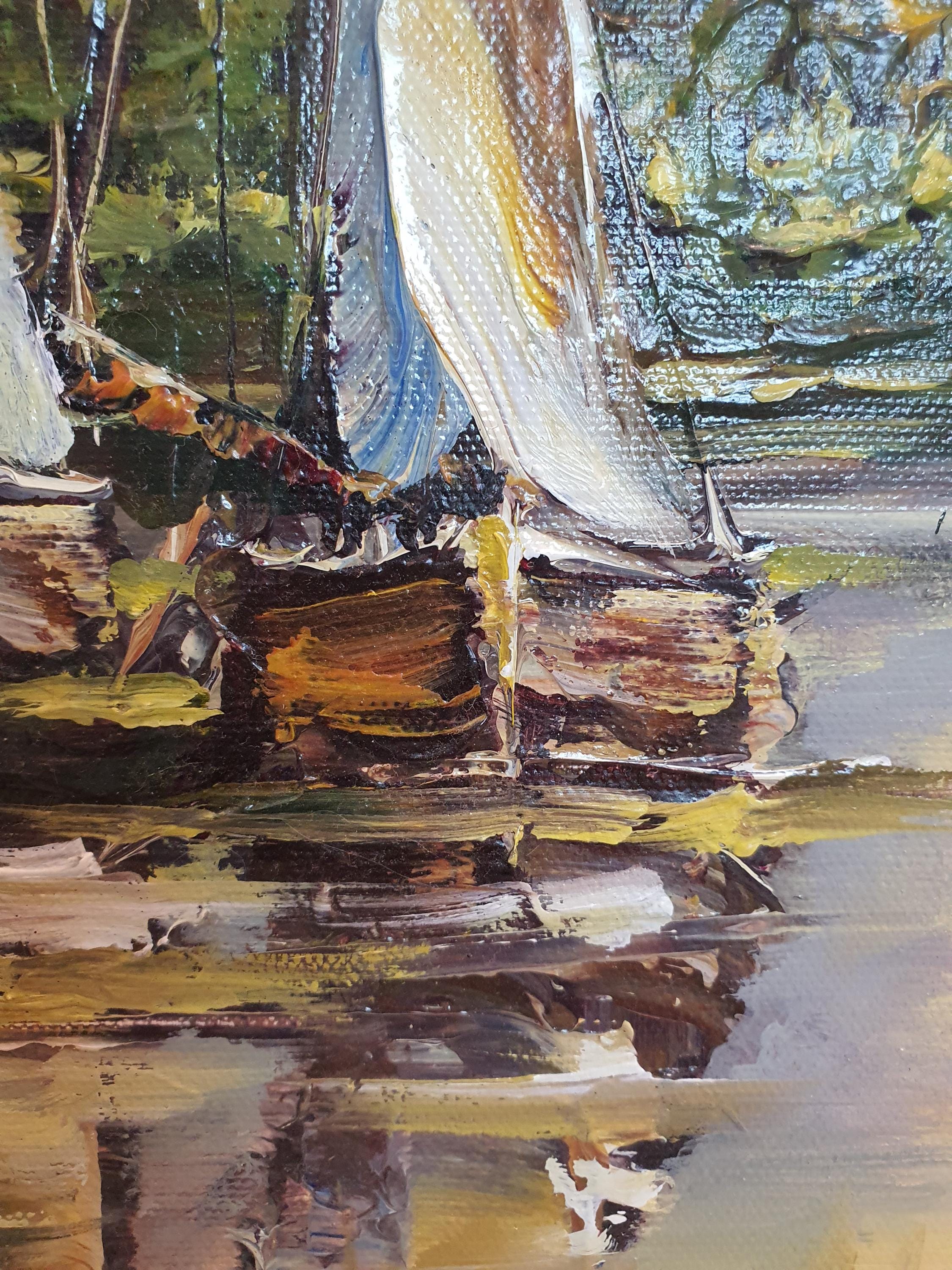 Vintage Sailing Boats Landscape: Original Signed Acrylic Painting by Janusz Kik