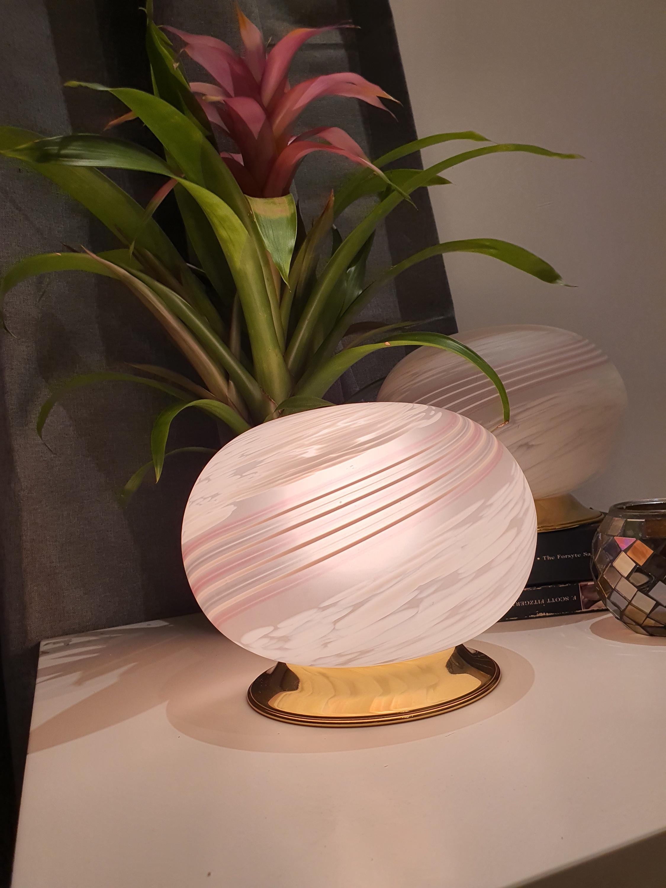 Murano Glass Table Lamps: White Swirl Globe, Golden Base, 1980s Italian MCM