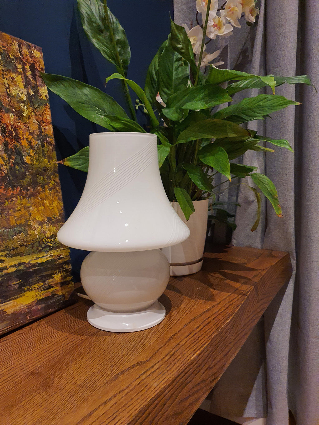 Vintage Murano Glass Mushroom Lamp: White Swirl MCM Bedside Light