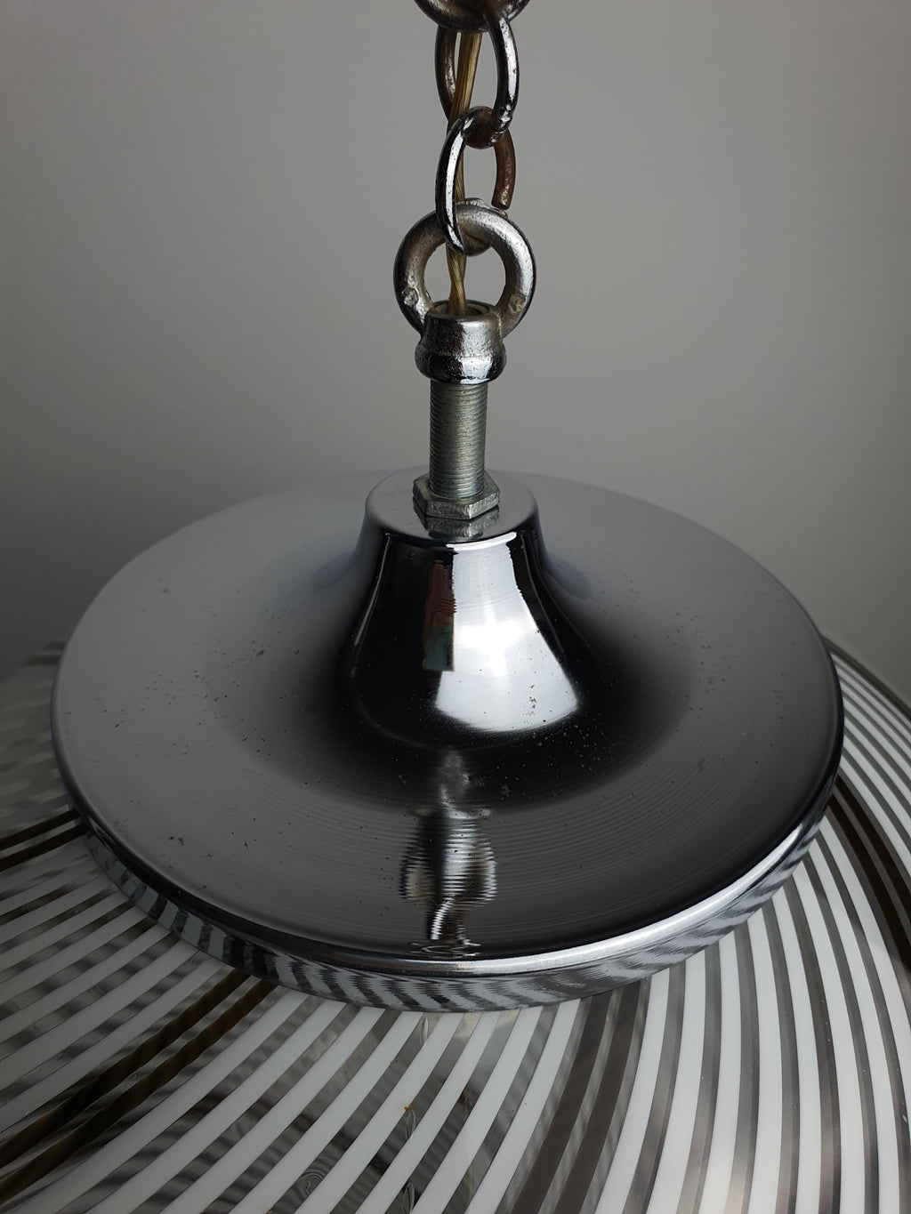 Aged chrome fitting and canopy detail, Venini-style Murano glass filigrana globe pendan