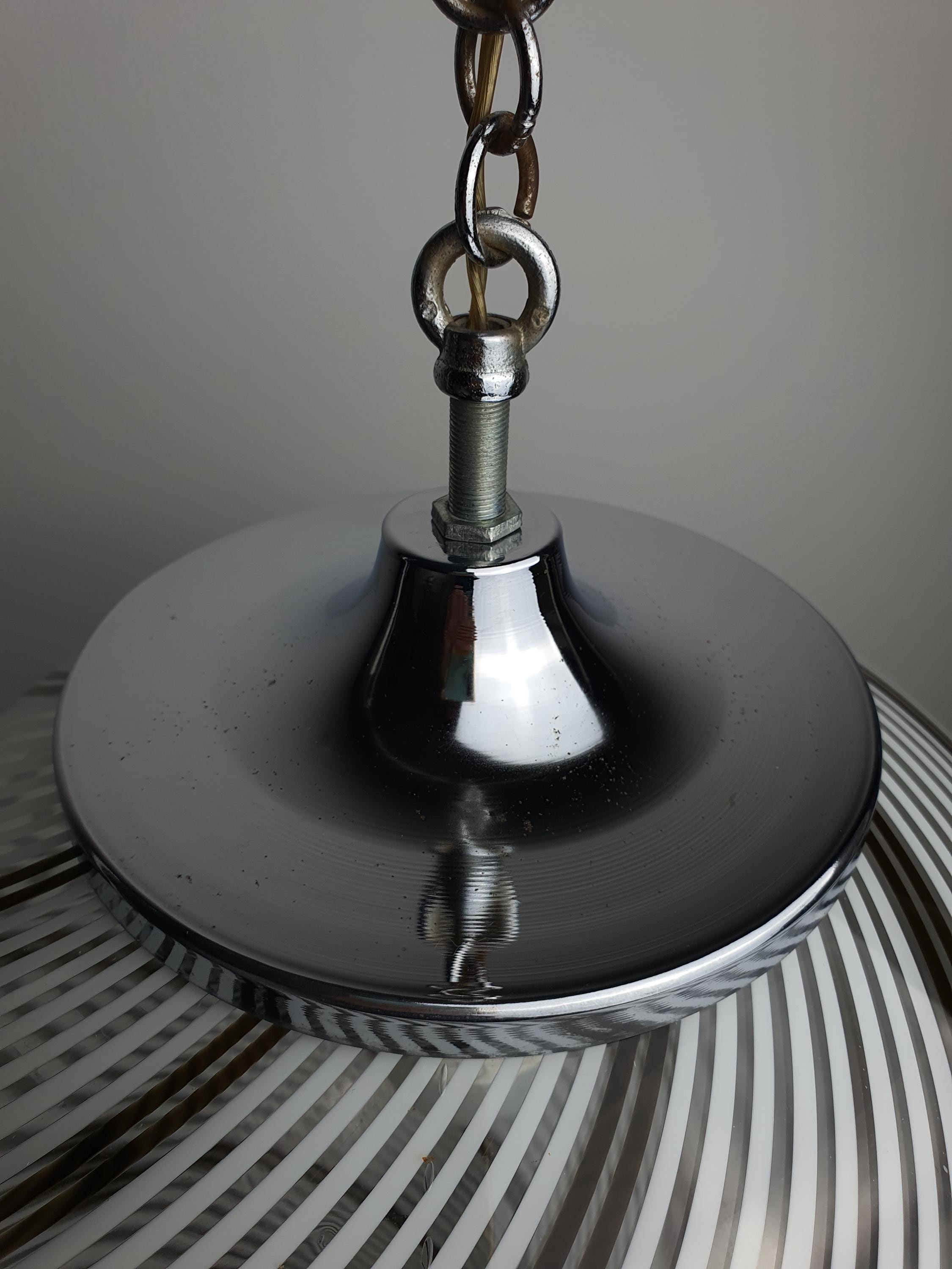 Aged chrome fitting and canopy detail, Venini-style Murano glass filigrana globe pendan