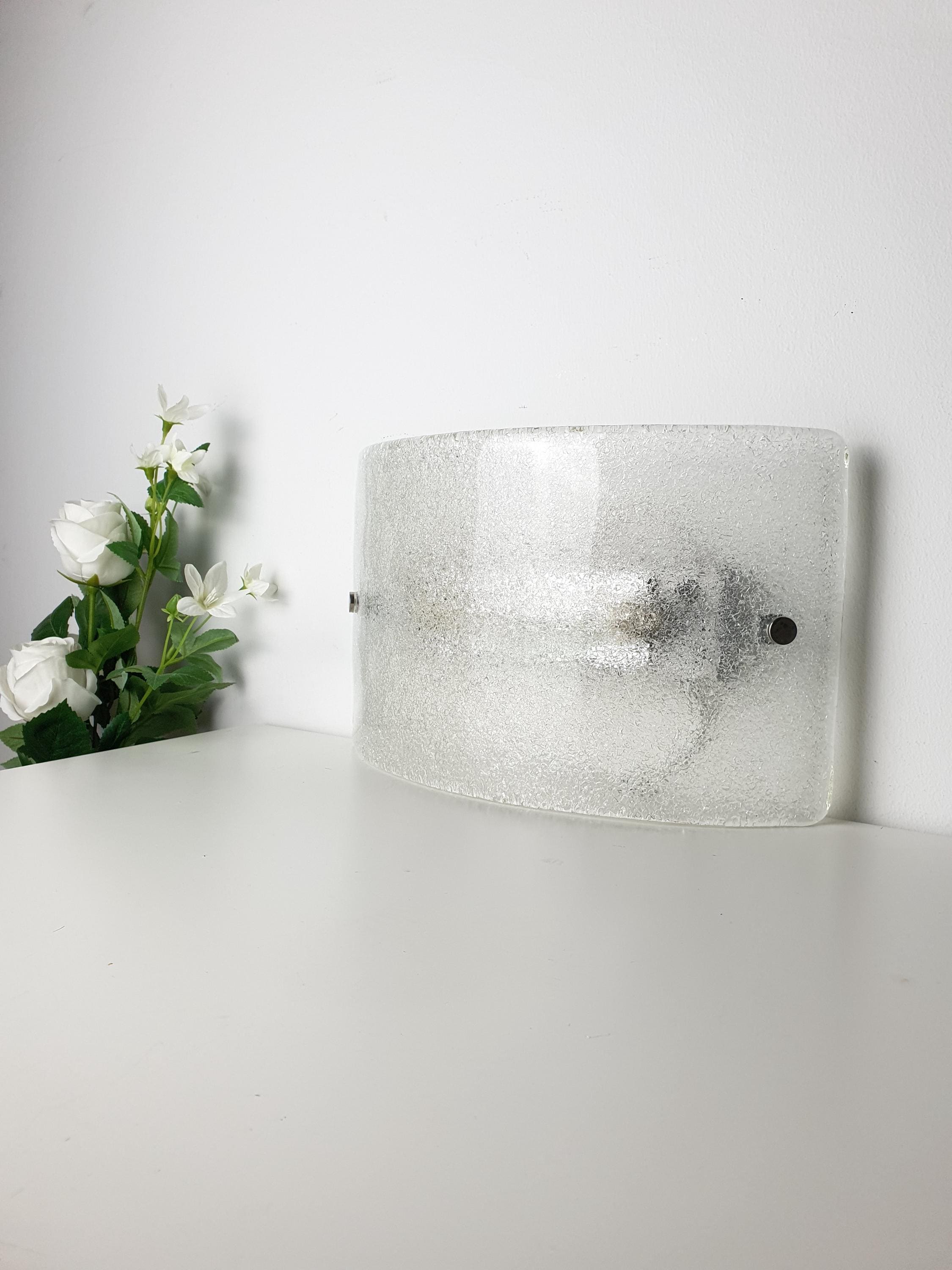 Vintage Ruggiu G3121.03 Venetian glass half-moon wall sconce, frosted and clear with silver base