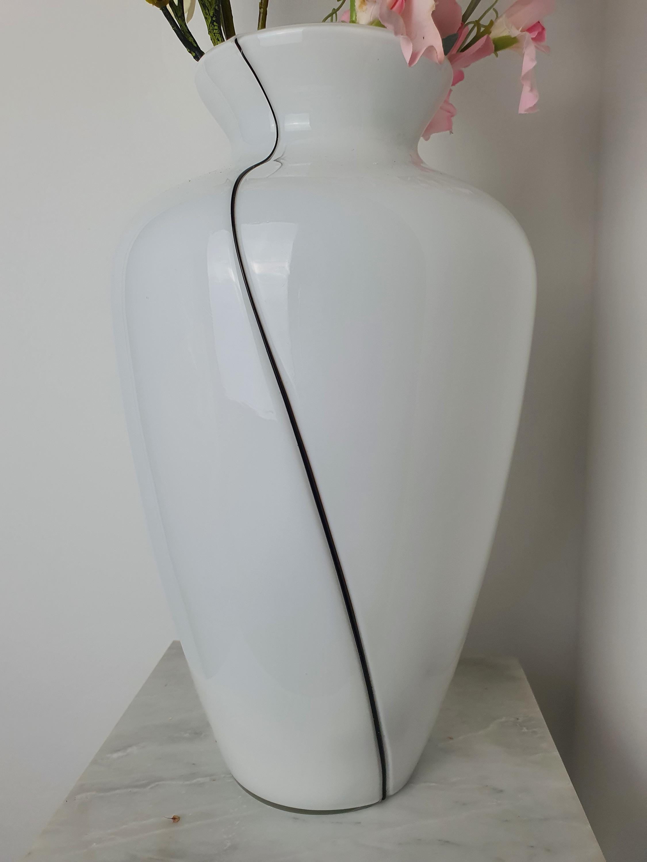Vintage Murano Glass White Vase with Black Line | Midcentury Minimalist Italian Design
