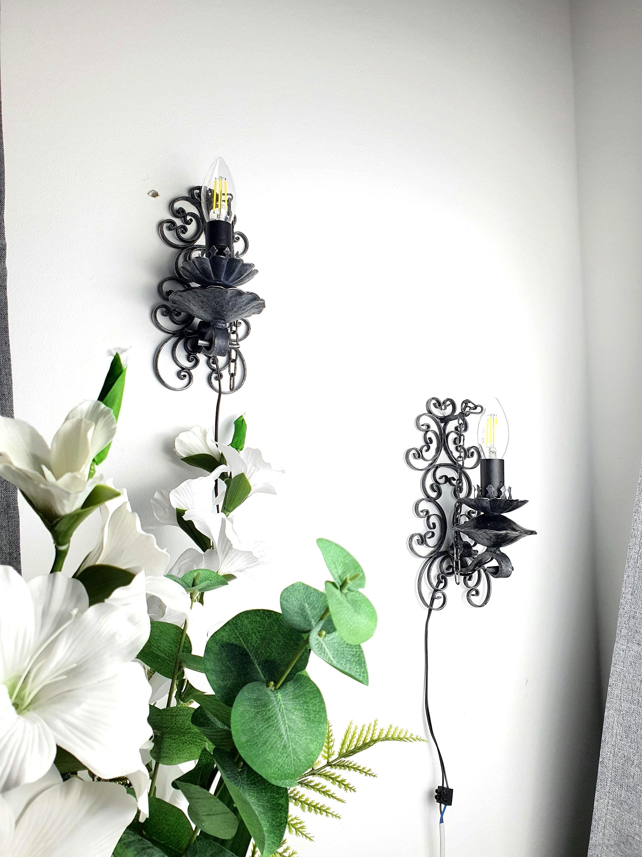 Pair of handcrafted gothic wrought iron wall lights — dark grey finish, castle-inspired, front view