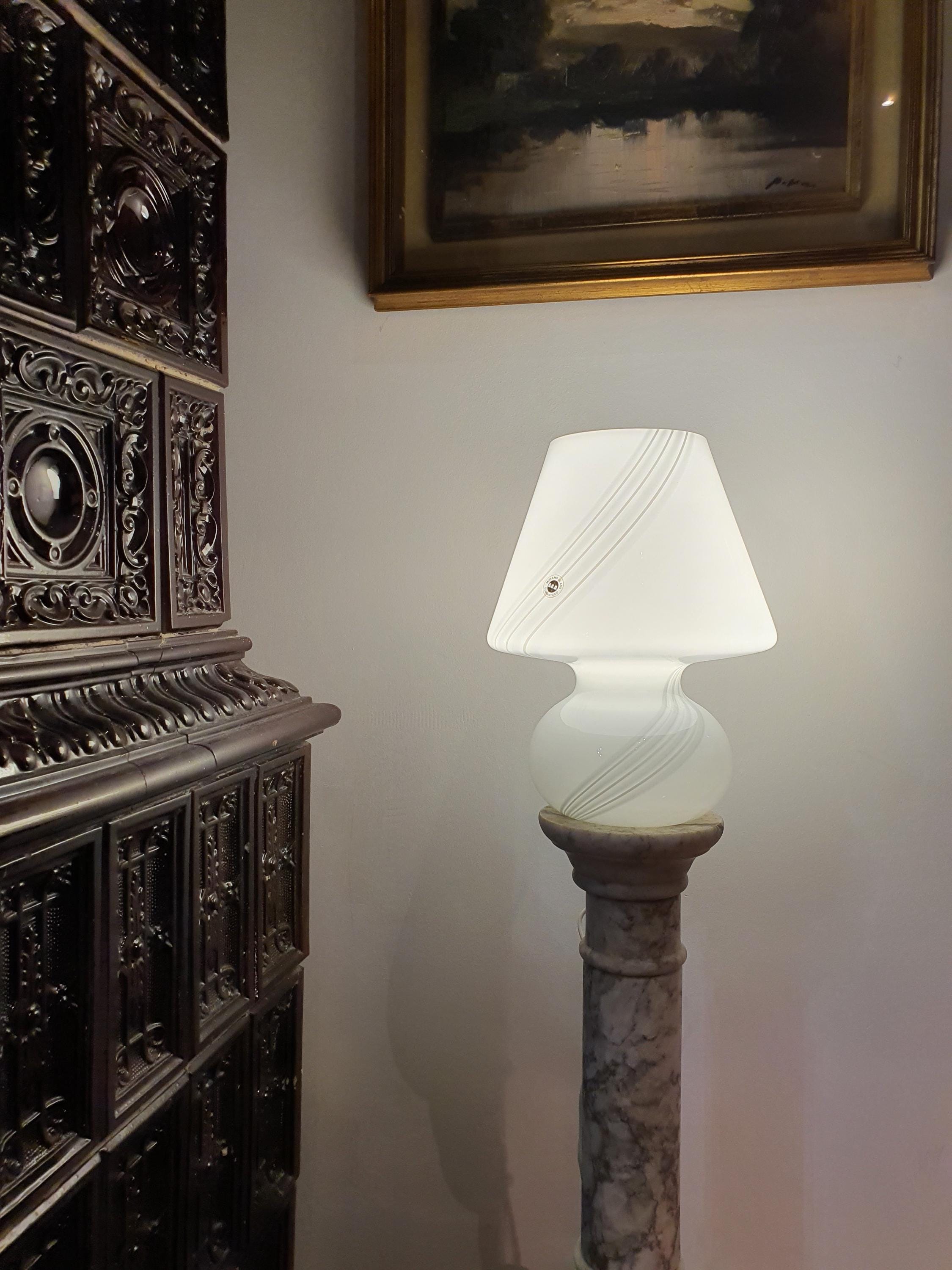 Murano Glass Mushroom Lamp: 1980s Mid Century Modern Swirl Bedside Light