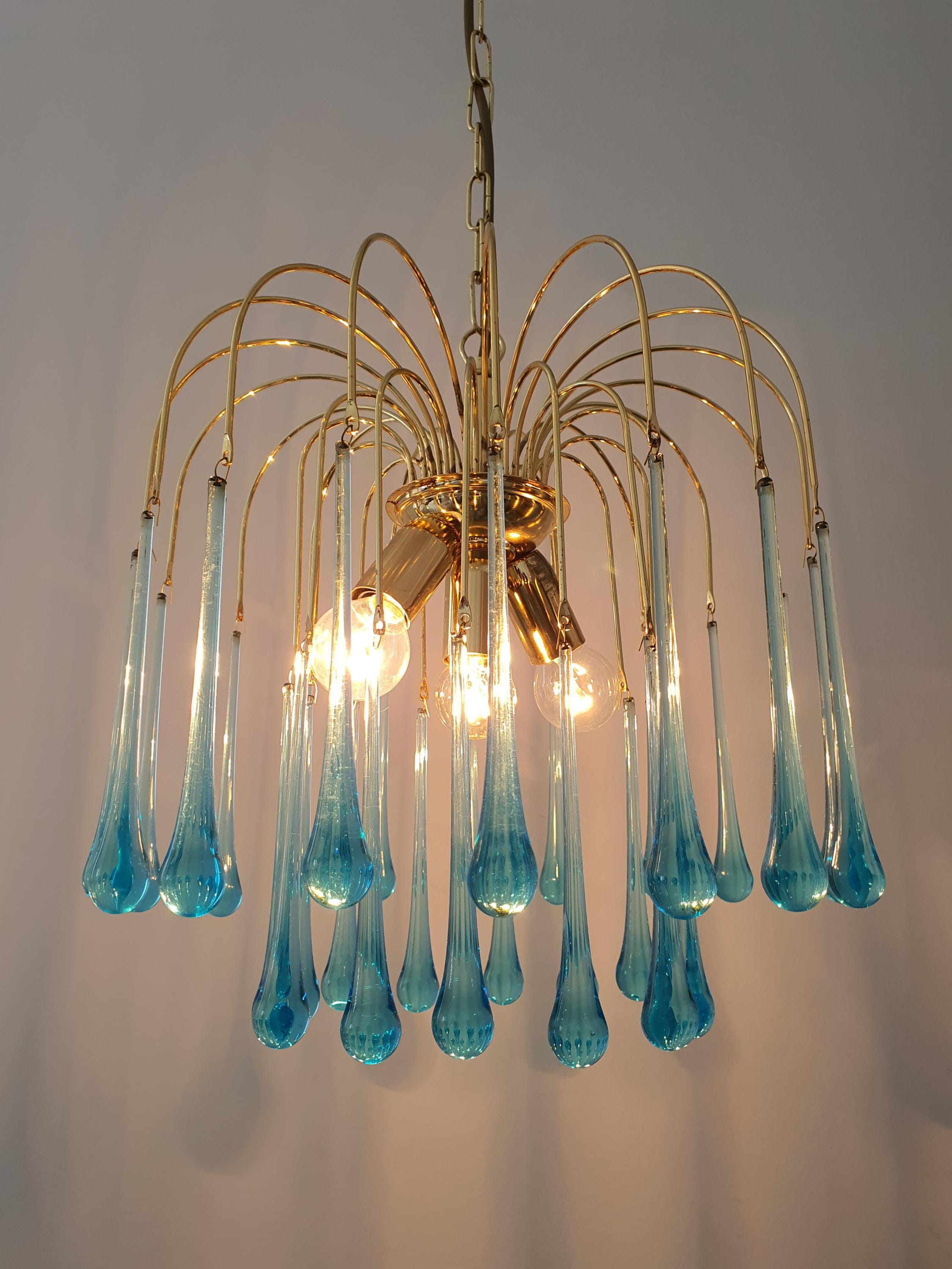 Murano Style Chandelier: Sky Blue Teardrops, Gold Cascade Light