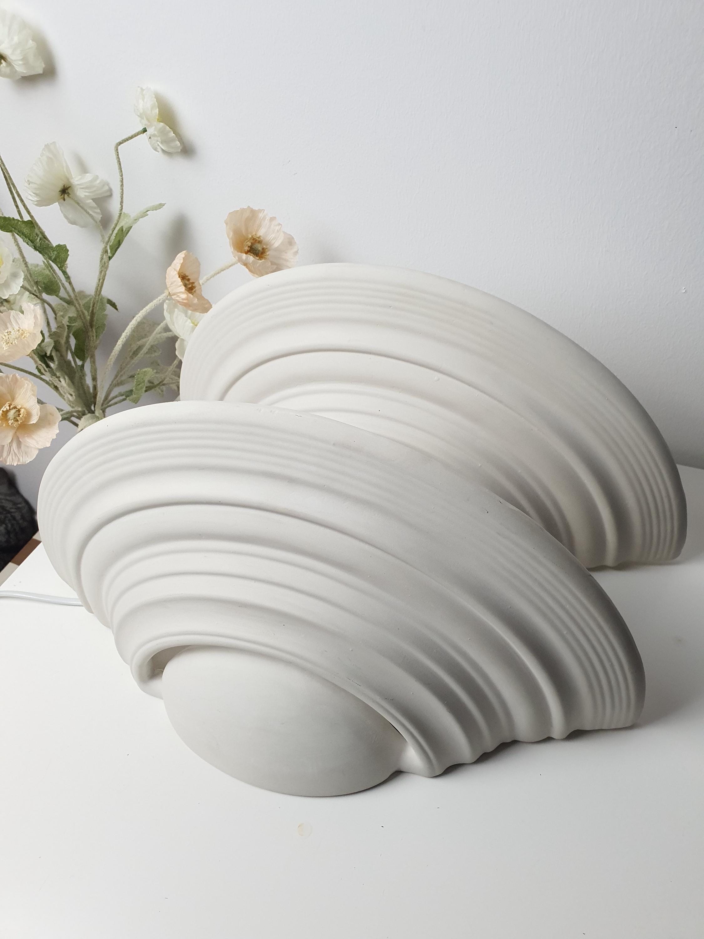 Vintage French Plaster Shell Sconces: Art Deco Minimalist Wall Lights