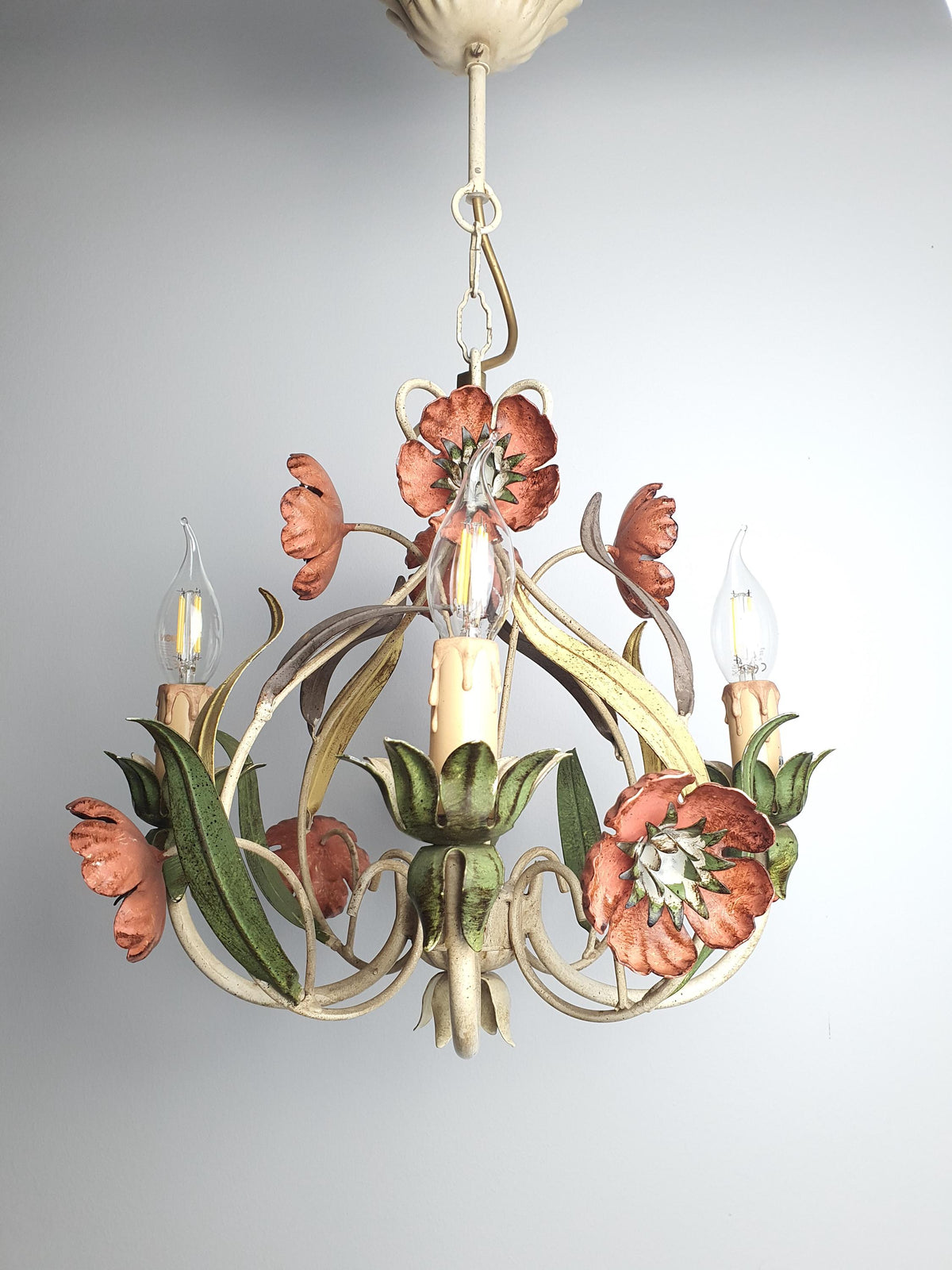 Vintage Italian tole chandelier front view, handcrafted red poppy flowers, green leaves, botanical painted metal, 4 candle arms