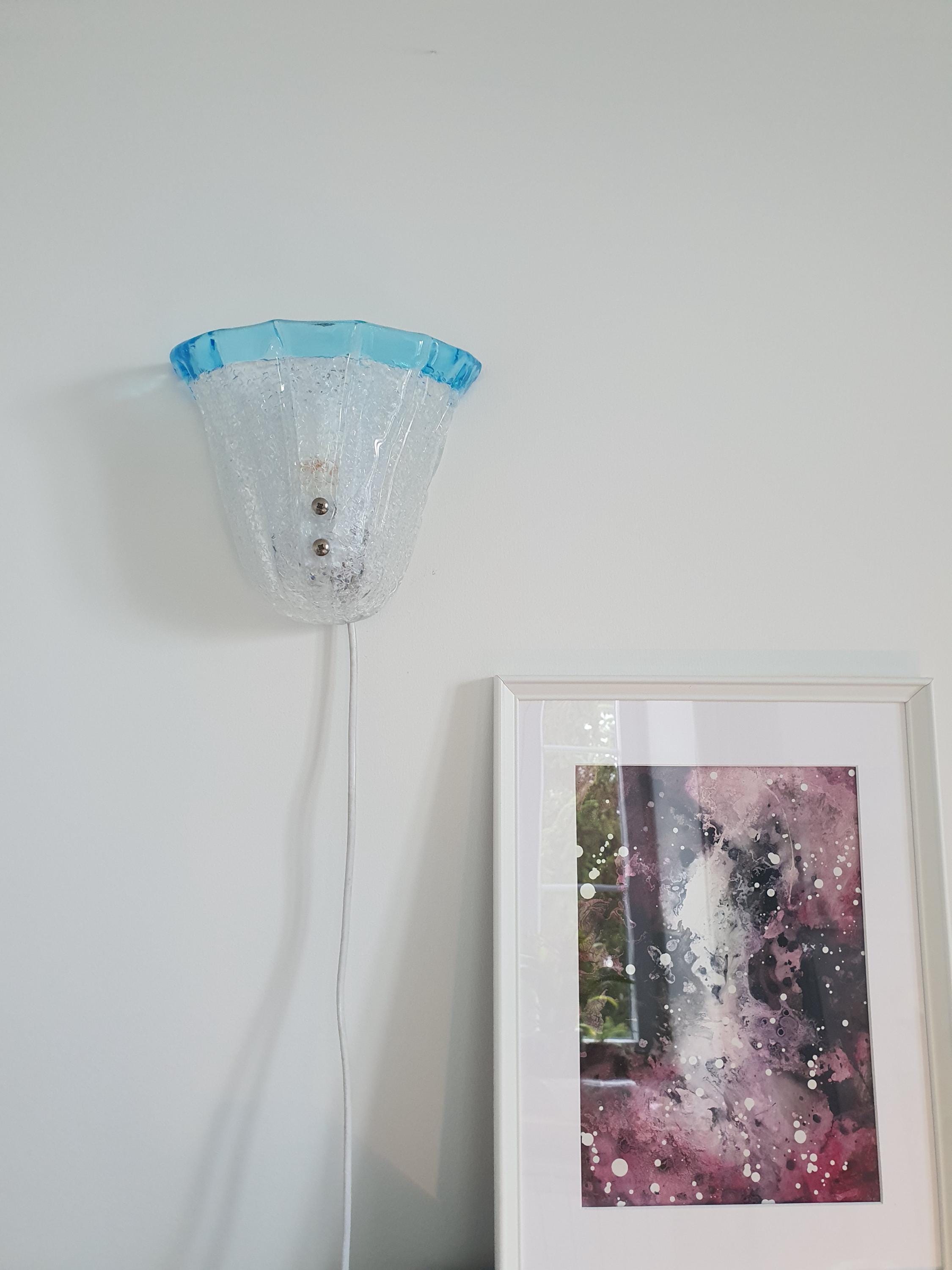 Vintage Murano Glass Floral Wall Sconce: Frosted Clear & Light Blue