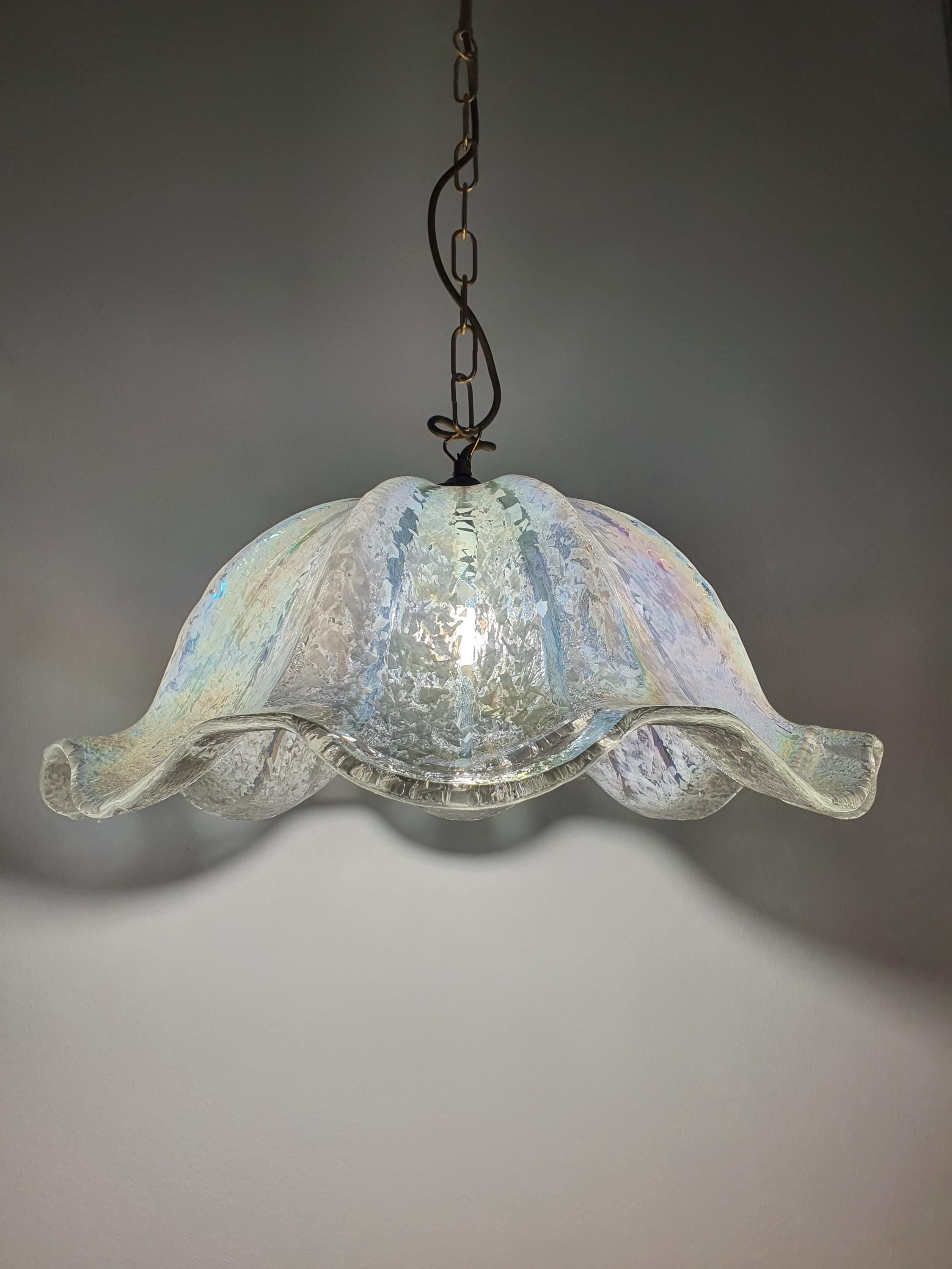 Vintage Murano Glass Iridescent Organic Pendant Light Fazzoletto Style