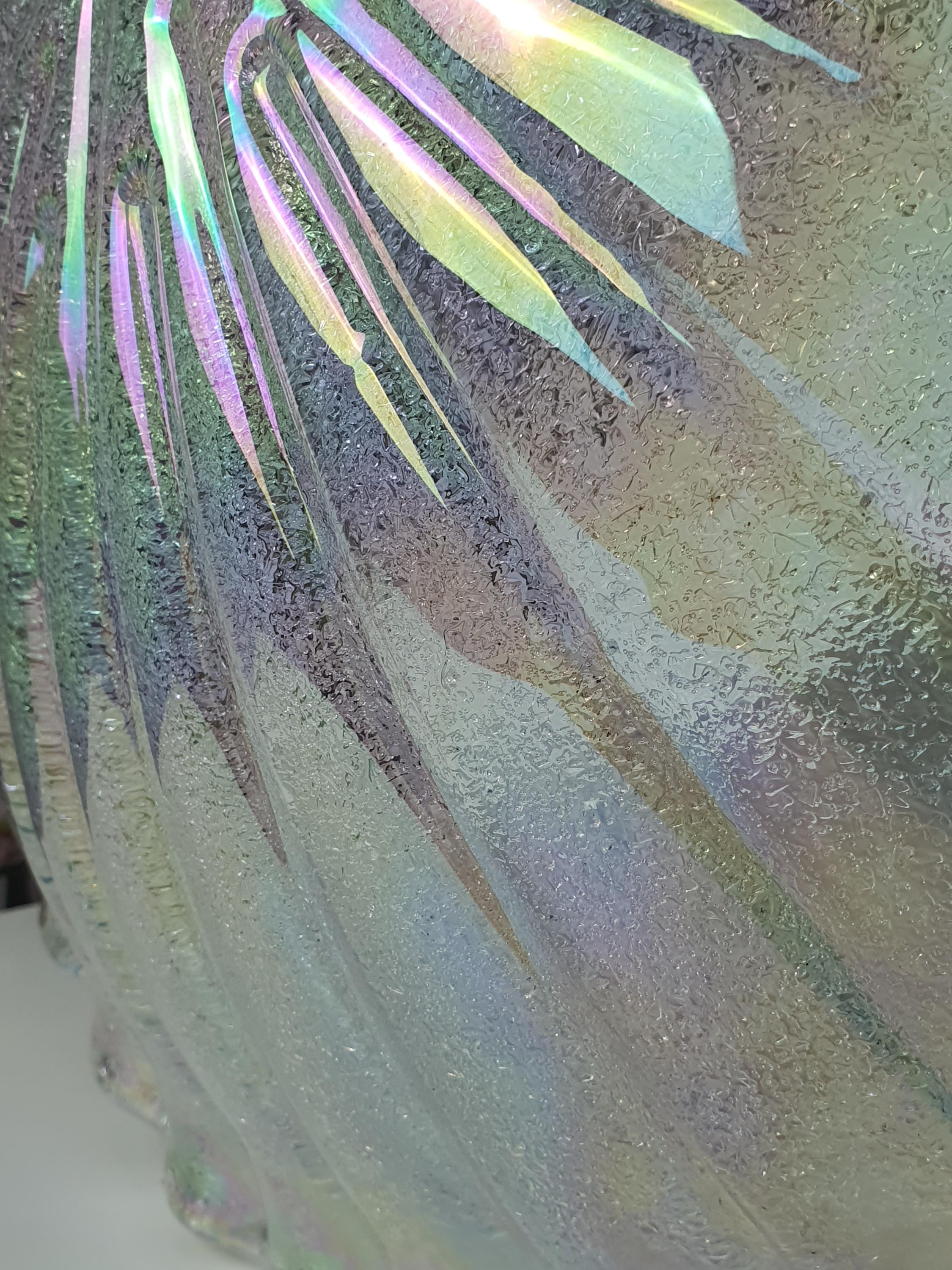 Murano glass shell ceiling light — blue and petrol iridescent reflections, close-up