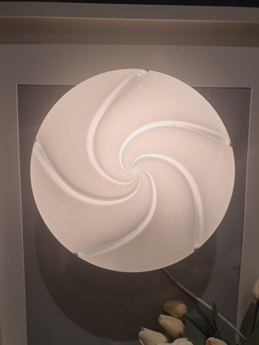Vintage Murano Glass Flush Mount Light: White Swirl MCM Retro Lamp