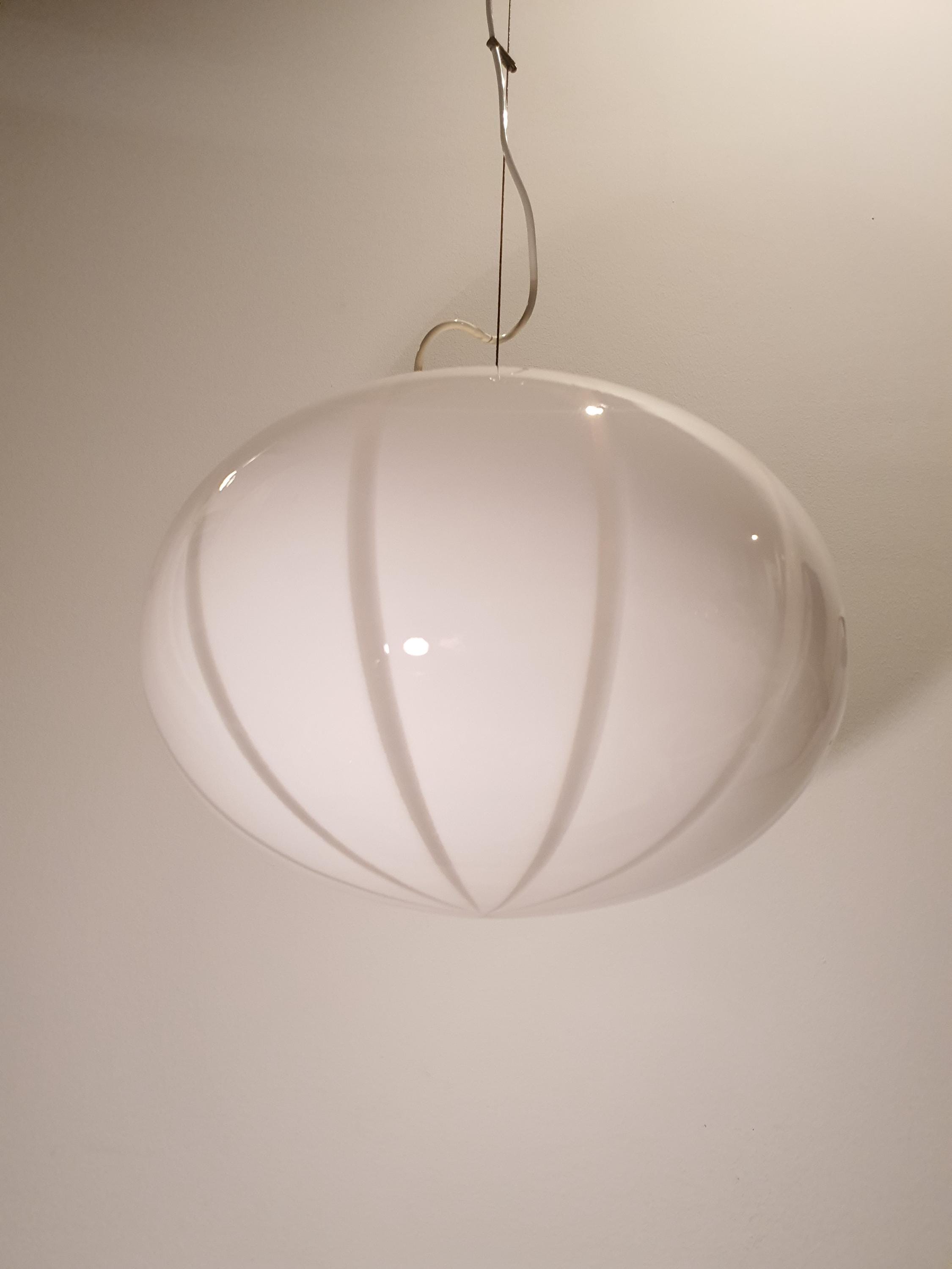 Vintage Murano Glass Globe Pendant Light: Striped White Ball Lamp