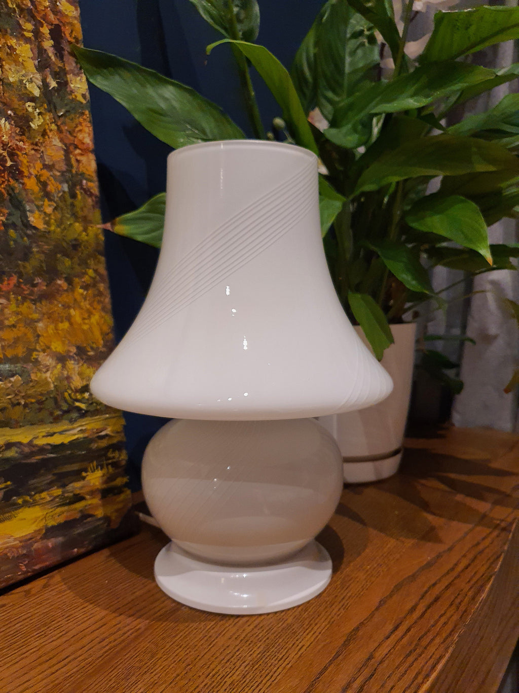 Vintage Murano Glass Mushroom Lamp: White Swirl MCM Bedside Light