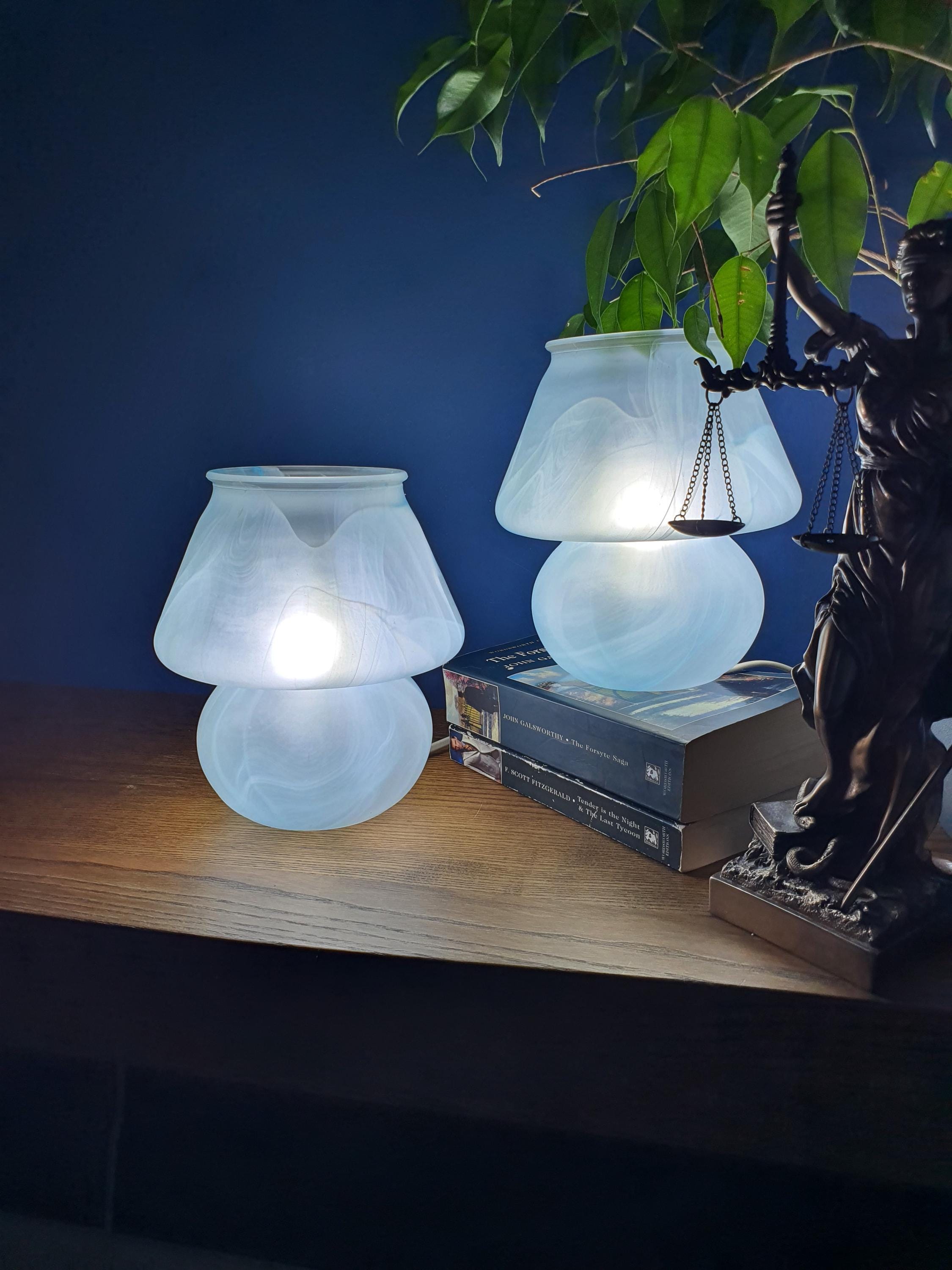 Pair of vintage Due P. Murano mushroom lamps as bedside lights, soft satin glow, blue marble wave, Scandinavian bedroom