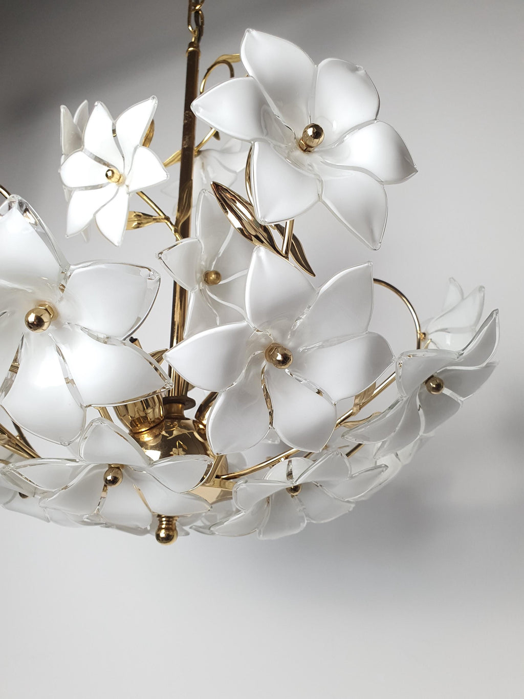 Vintage Murano Glass White Floral Chandelier | Hollywood Regency Dining Lighting
