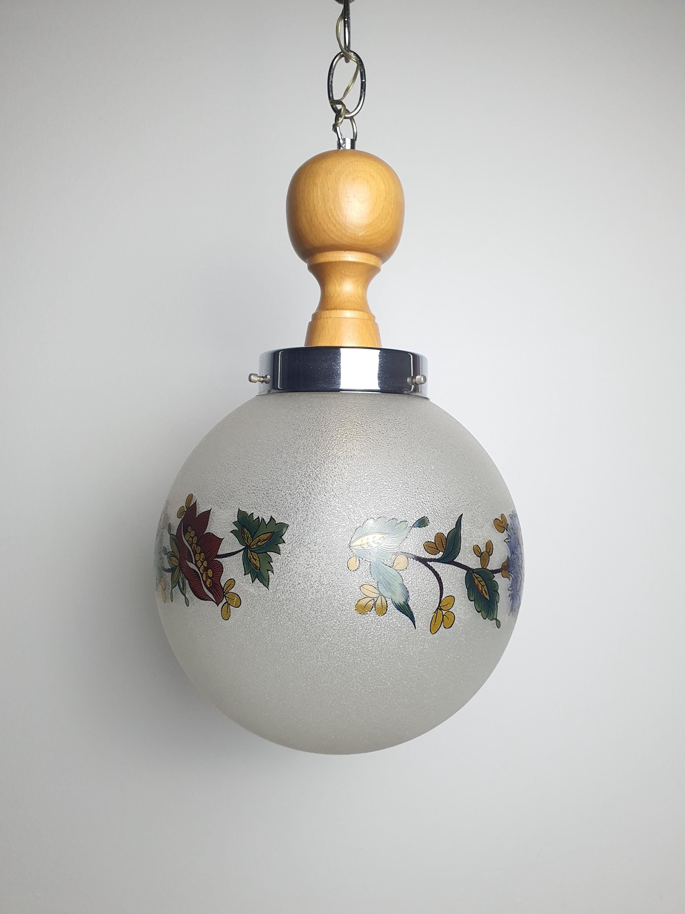 1950s Italian Vintage Globe Pendant Light Frosted Glass Floral Wooden Chrome Base