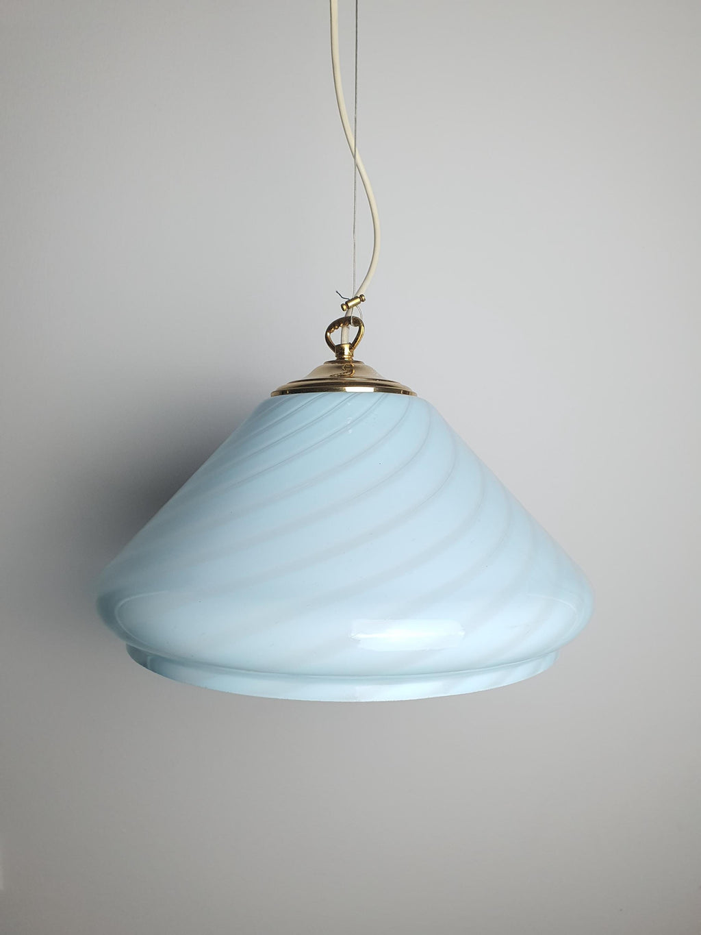 Labelled Murano Glass Light Blue Bell Pendant Light | Candy Swirl Italian Vintage Lamp