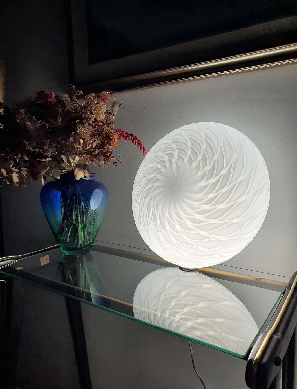 Vintage Murano glass flush mount with a white swirl pattern