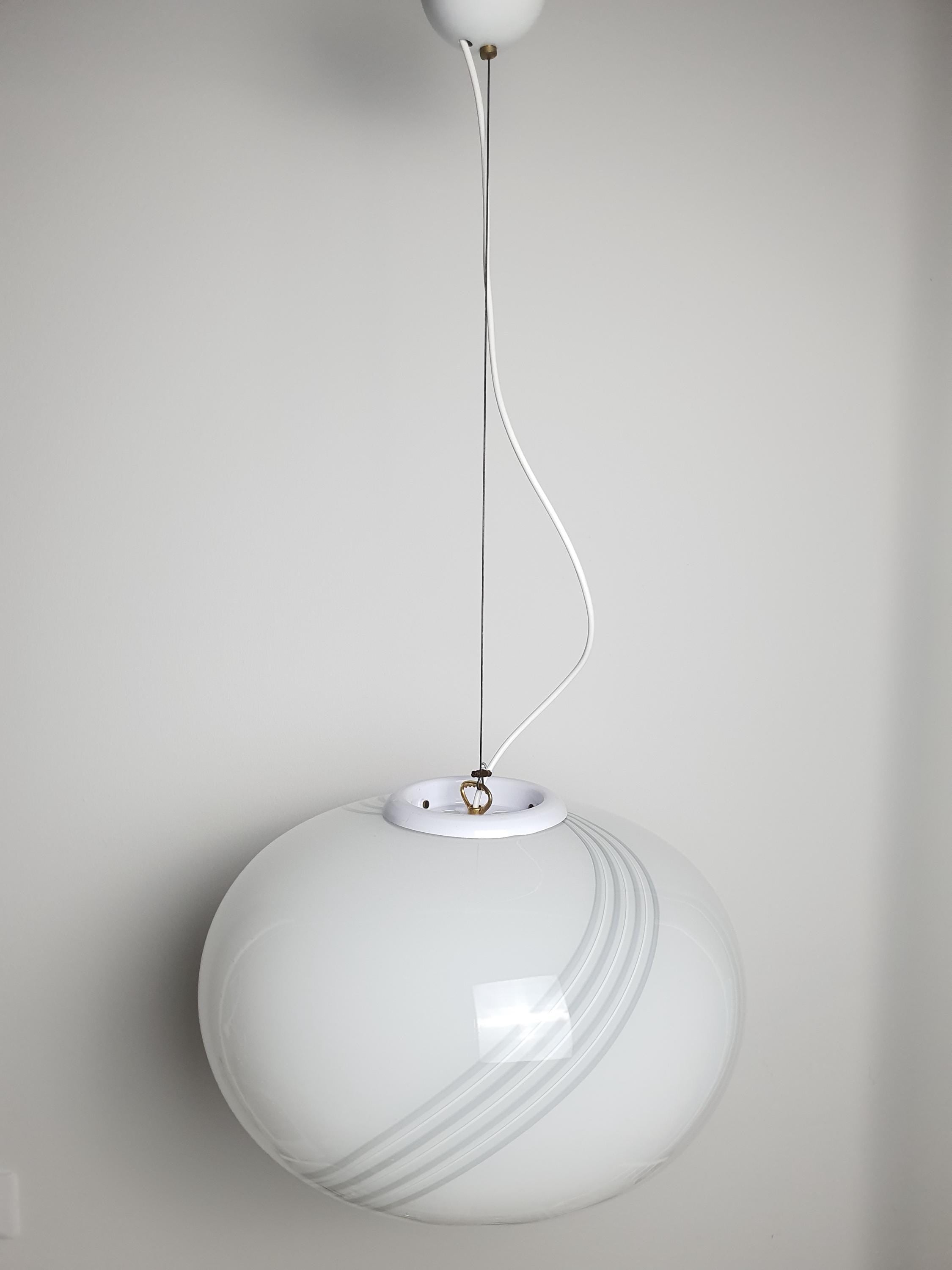 Large Vintage Murano Glass Globe Pendant Light: White Gret Swirl, Retro Scandinavian Decor