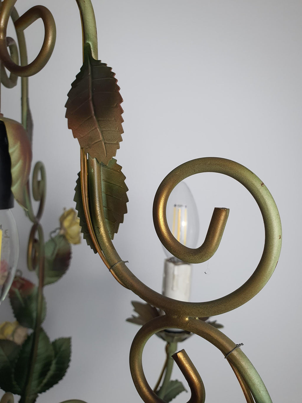 1950s tole chandelier side profile, green painted metal arms and porcelain rose clusters