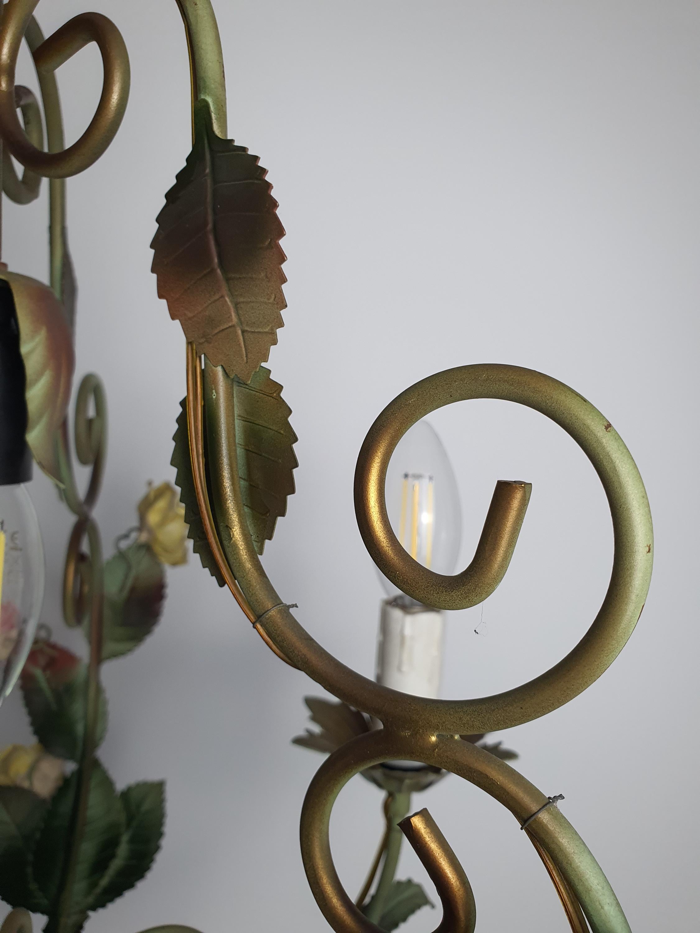 1950s tole chandelier side profile, green painted metal arms and porcelain rose clusters