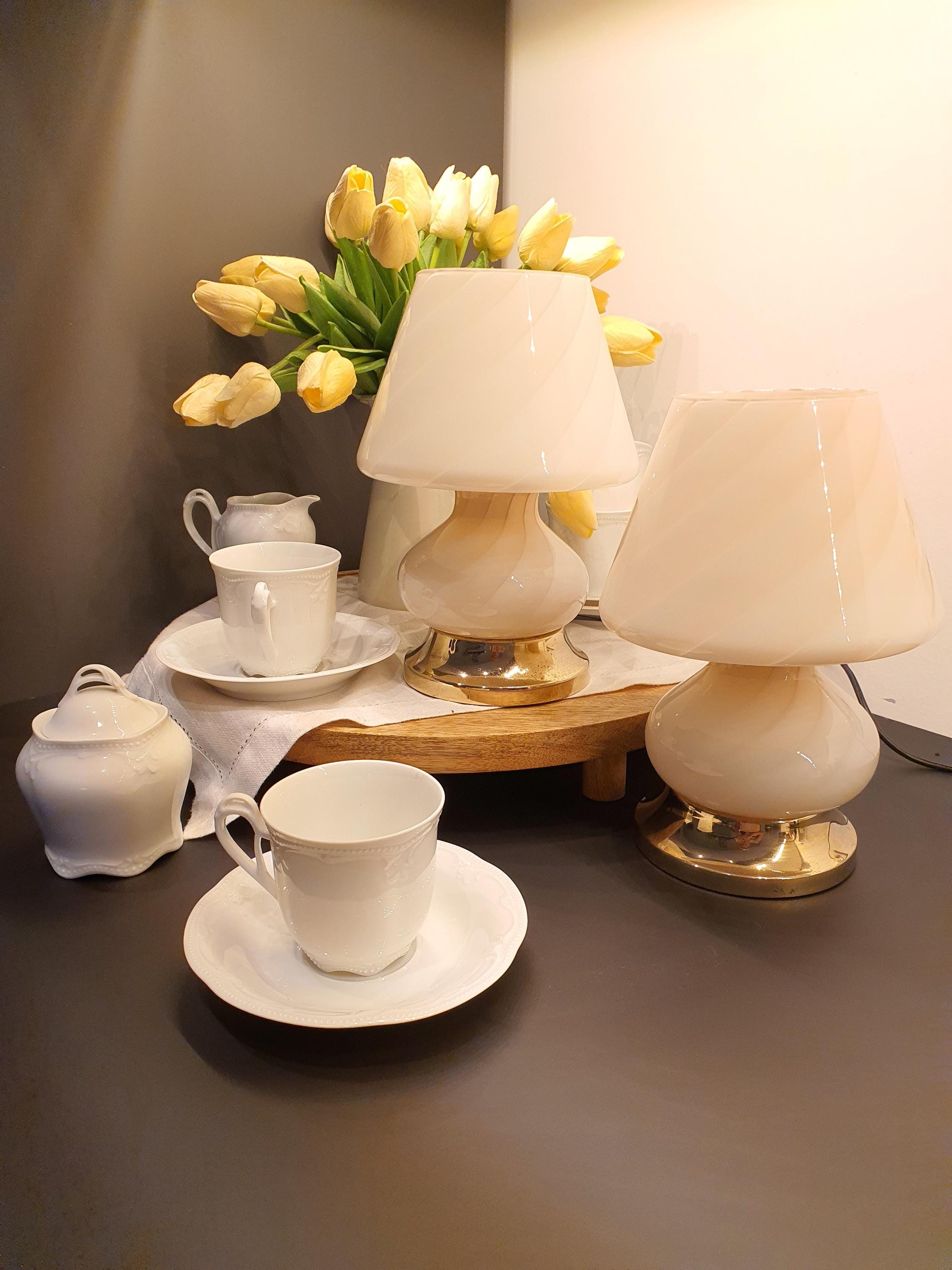 Murano Glass Mushroom Table Lamps: Pink Swirl, Mid-Century Modern