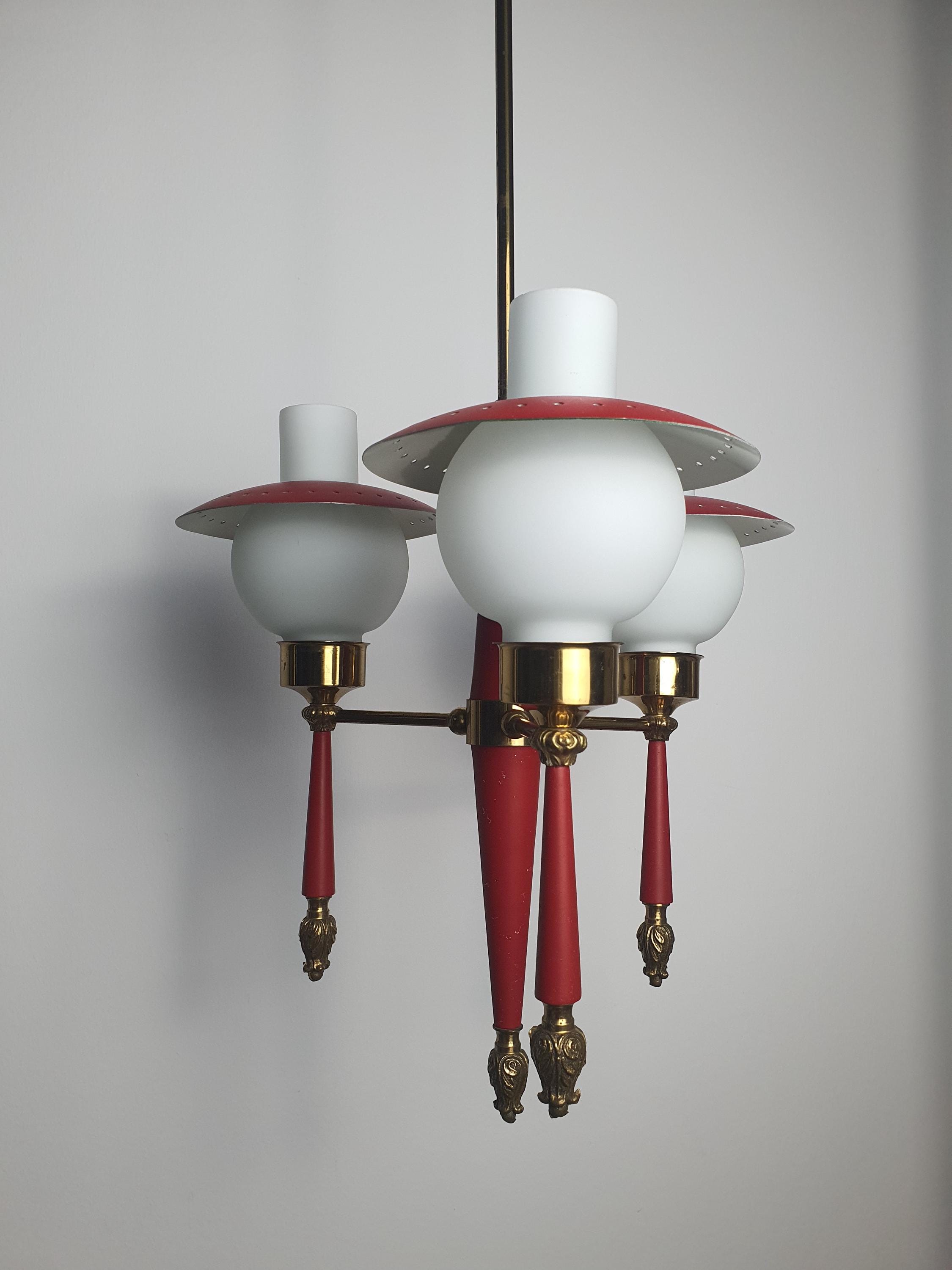Italian midcentury chandelier — Space Age three-arm design, side view