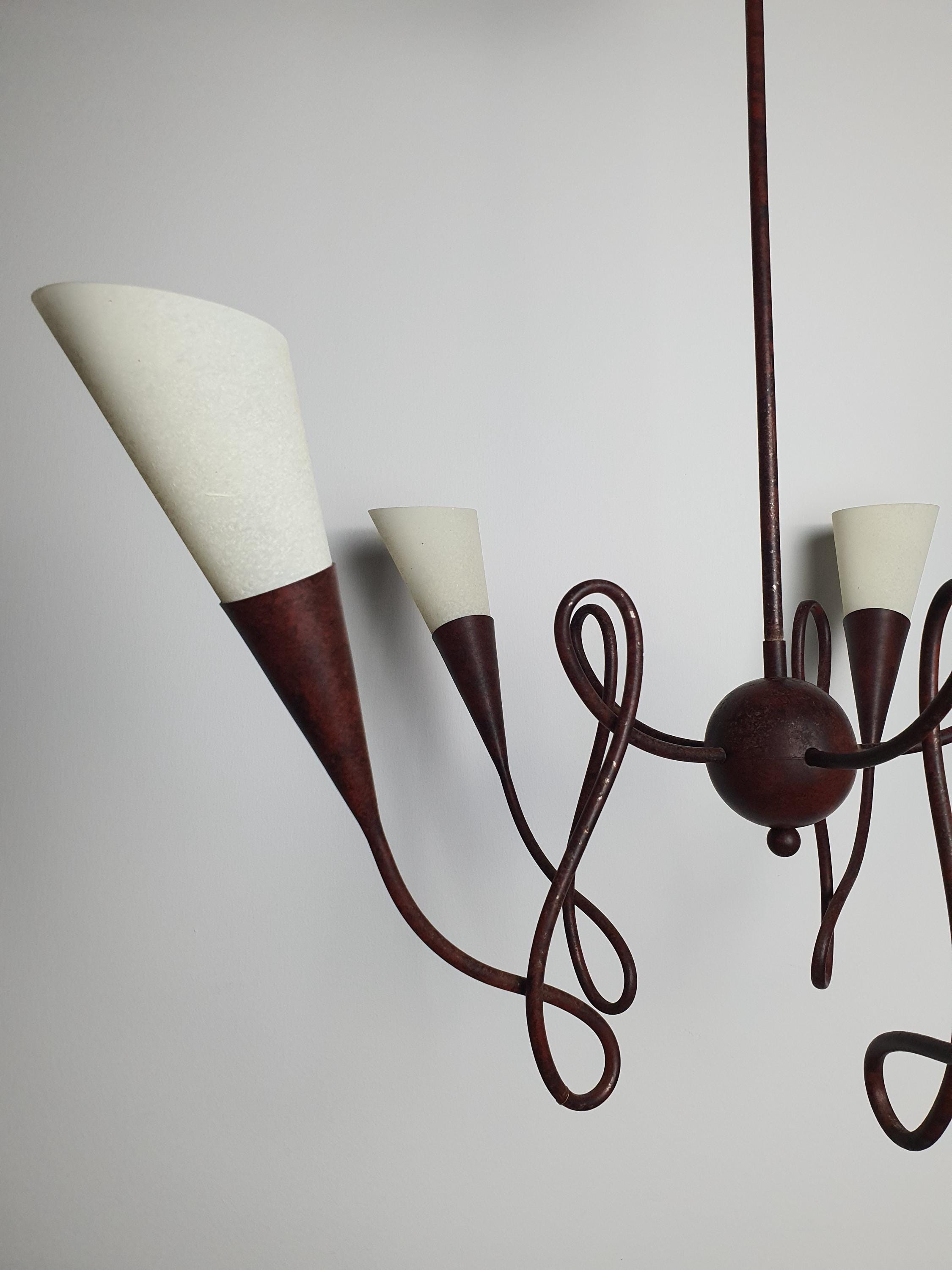 Postmodern Terzani Style 5 Arm Wrought Iron Chandelier Murano Glass Cones