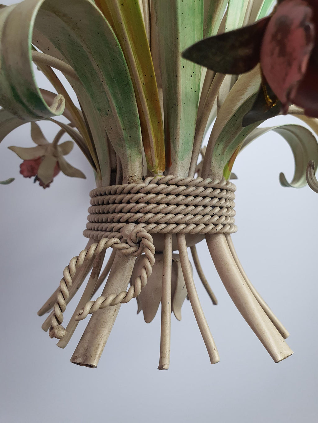 Vintage tole chandelier — rustic elegant floral arrangement, bohemian interior setting