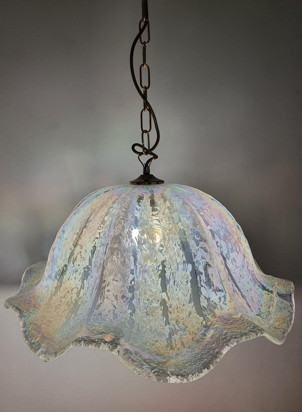 Vintage Murano Glass Iridescent Organic Pendant Light Fazzoletto Style