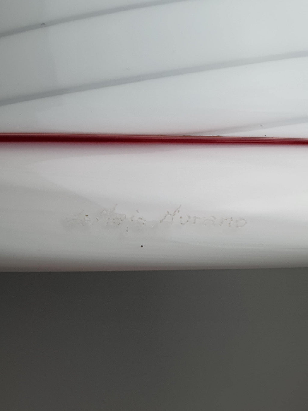 De Majo Vintage Murano Glass Pendant Light | White Swirl Bell with Red Edge