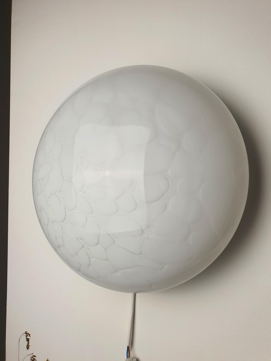 Vintage Italian moonstone Murano glass flush mount lit, soft even glow through layered white spotted glass