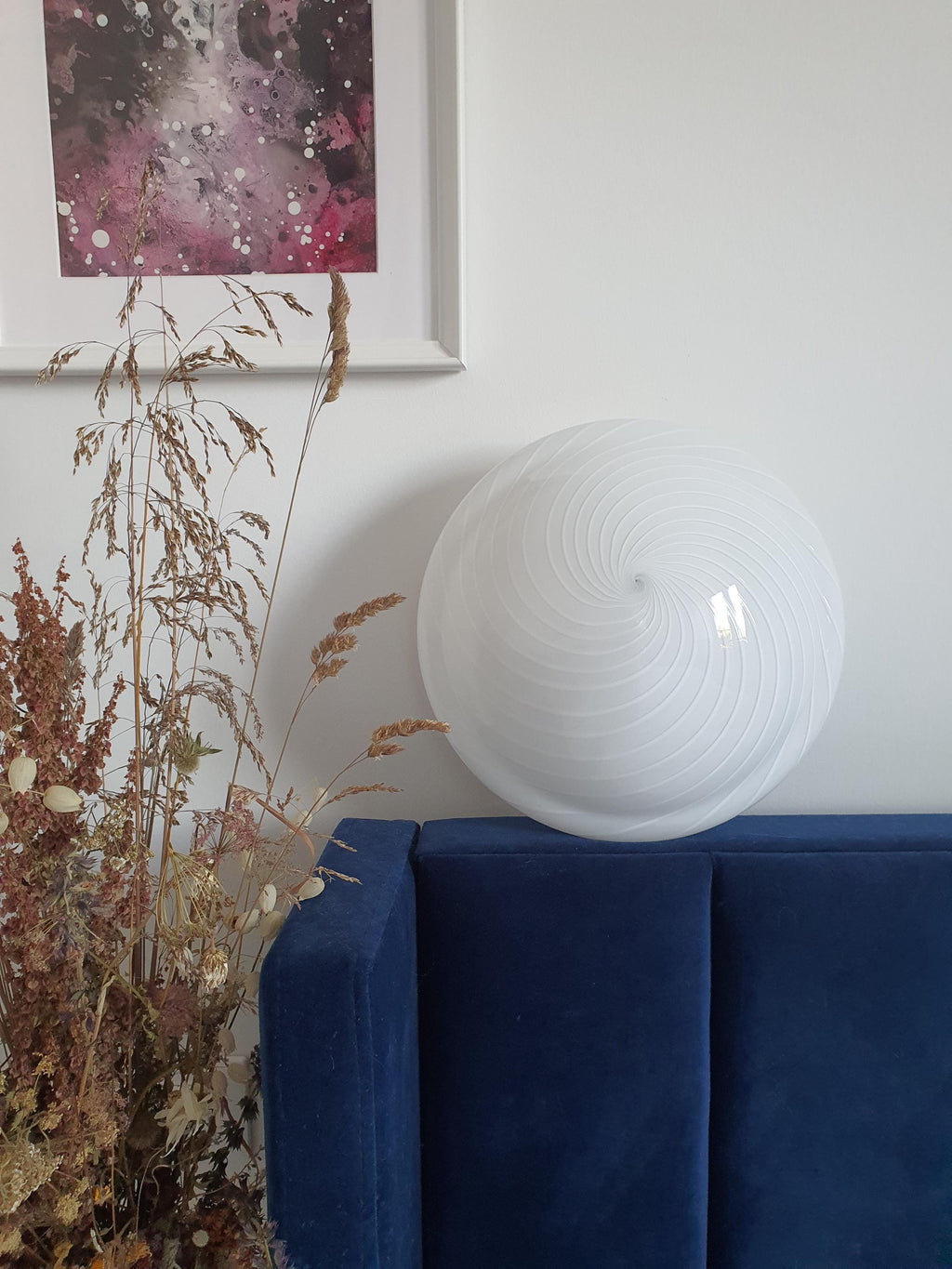 Vintage Murano glass white swirl flush mount light fixture |  handcrafted retro lighting |  scandinavian minimal home deco wall ceiling lamp