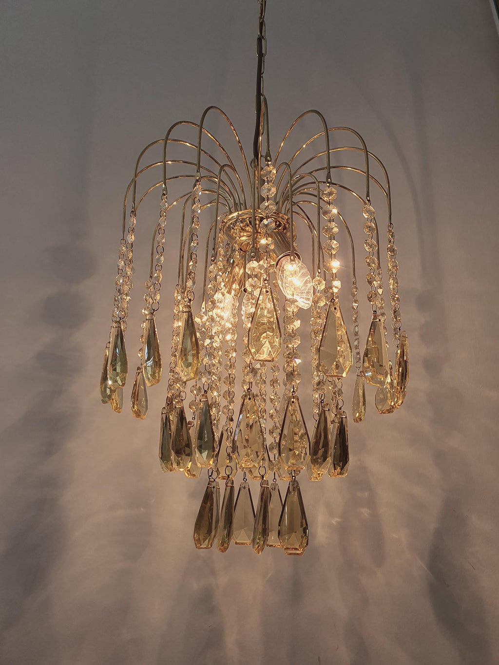 Vintage Honey Yellow Teardrop Chandelier: 1980s Hollywood Regency Gold Light