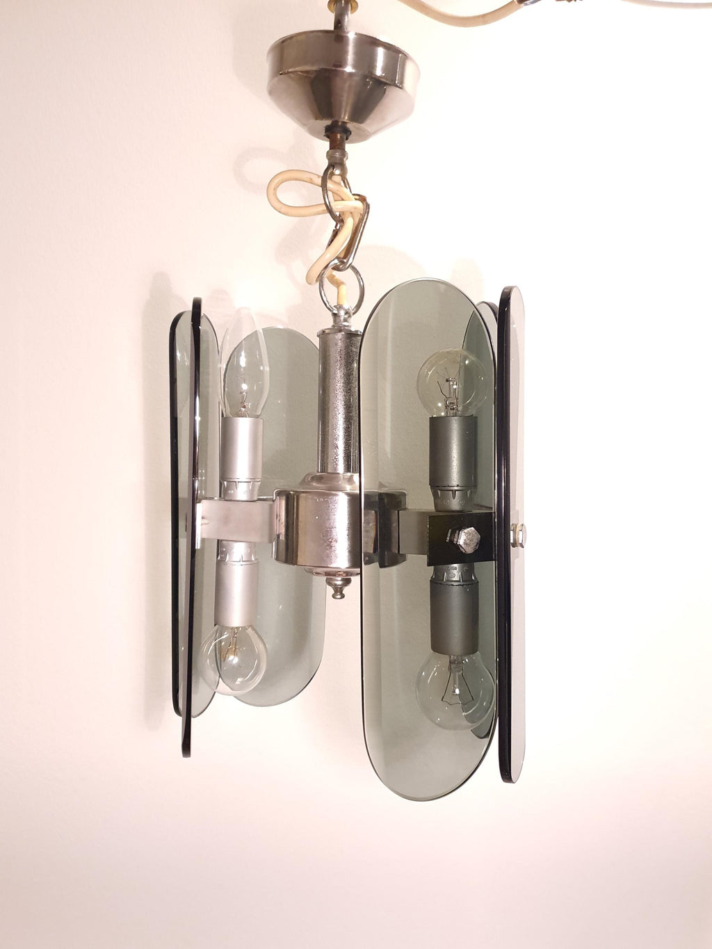 Veca Bottle Glass Chandelier: Mid-Century Modern Italian Chrome Lamp