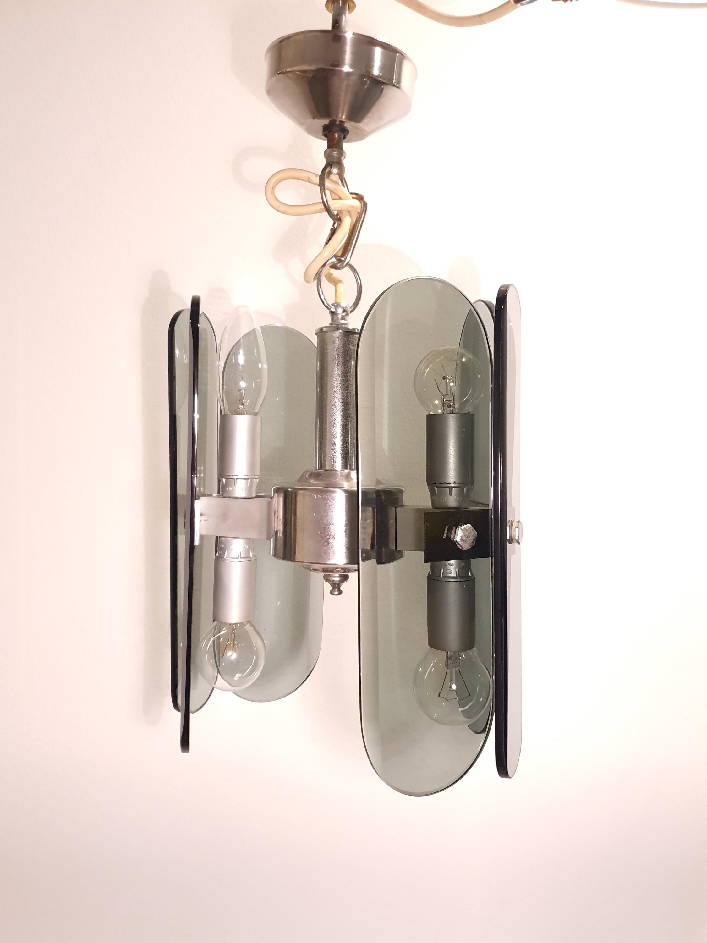 Veca Bottle Glass Chandelier: Mid-Century Modern Italian Chrome Lamp