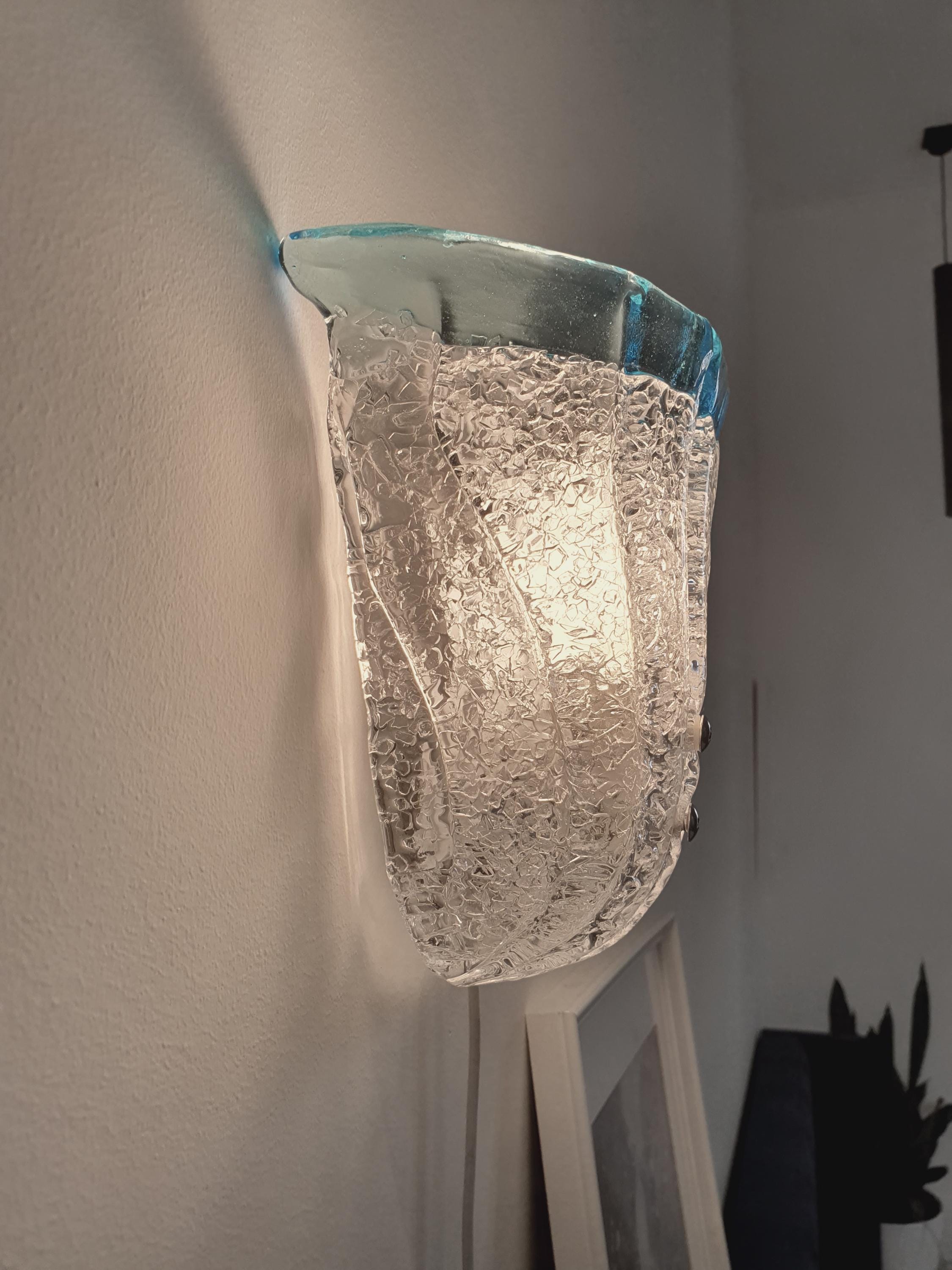 Vintage Murano Glass Floral Wall Sconce: Frosted Clear & Light Blue