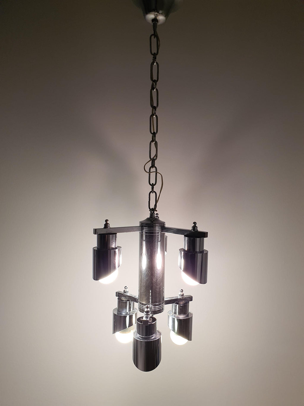 Space Age 6-Arm Small Chandelier | Chrome | Attr. Gaetano Sciolari | Mid-Century Modern Lighting