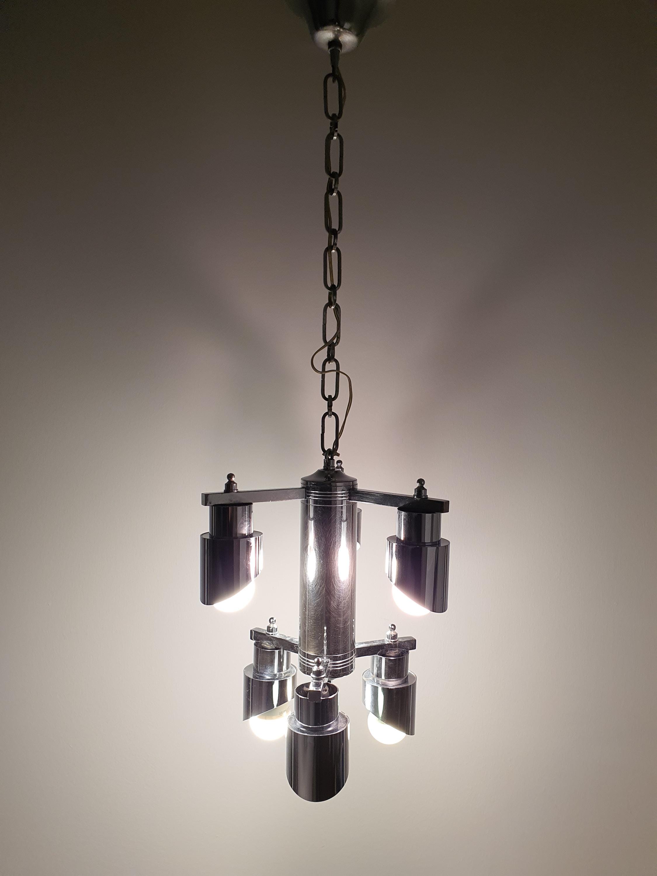 Space Age 6-Arm Small Chandelier | Chrome | Attr. Gaetano Sciolari | Mid-Century Modern Lighting