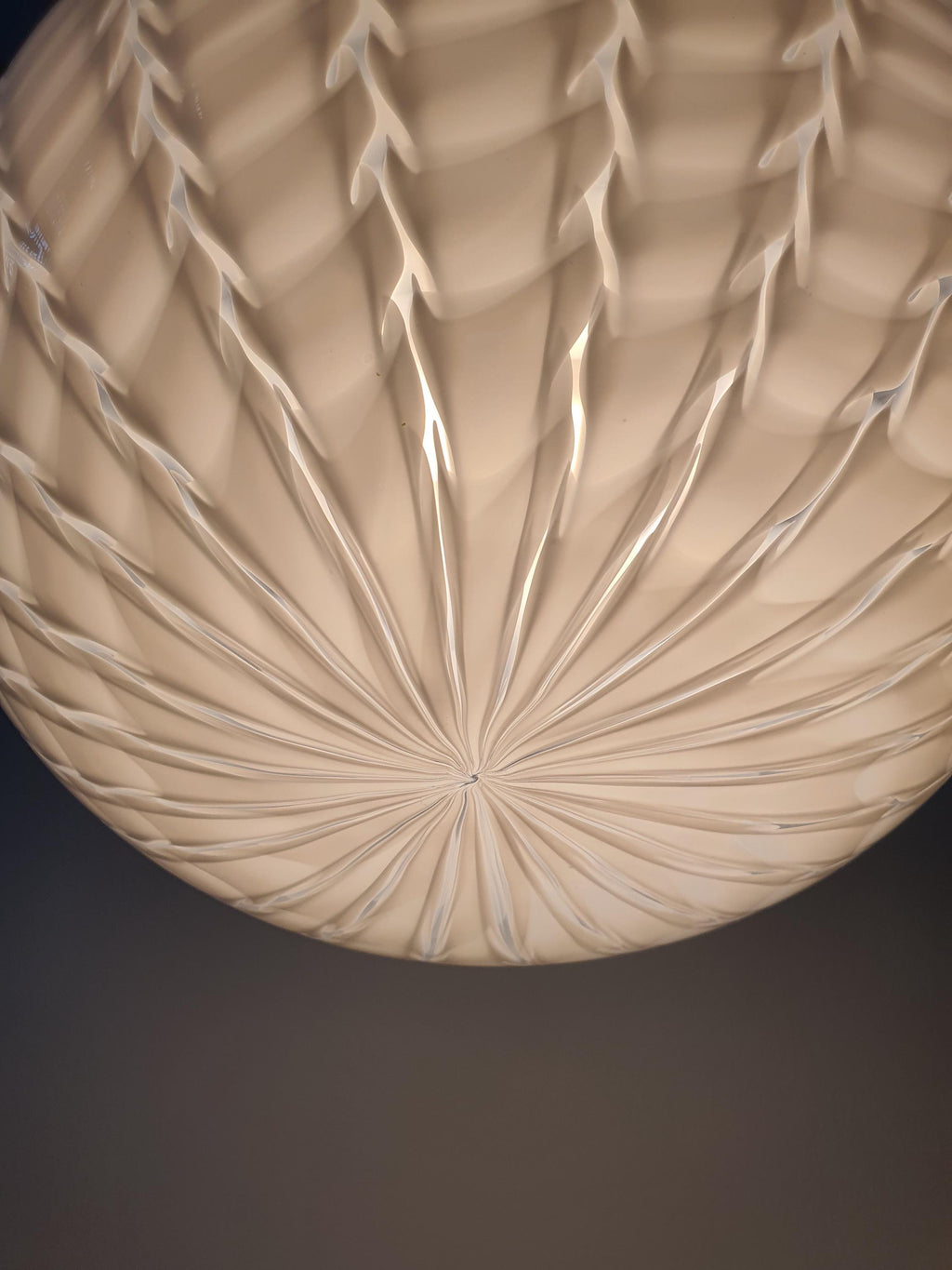 Murano Glass Globe Pendant Light: Handblown White Wave, Mid-Century Modern