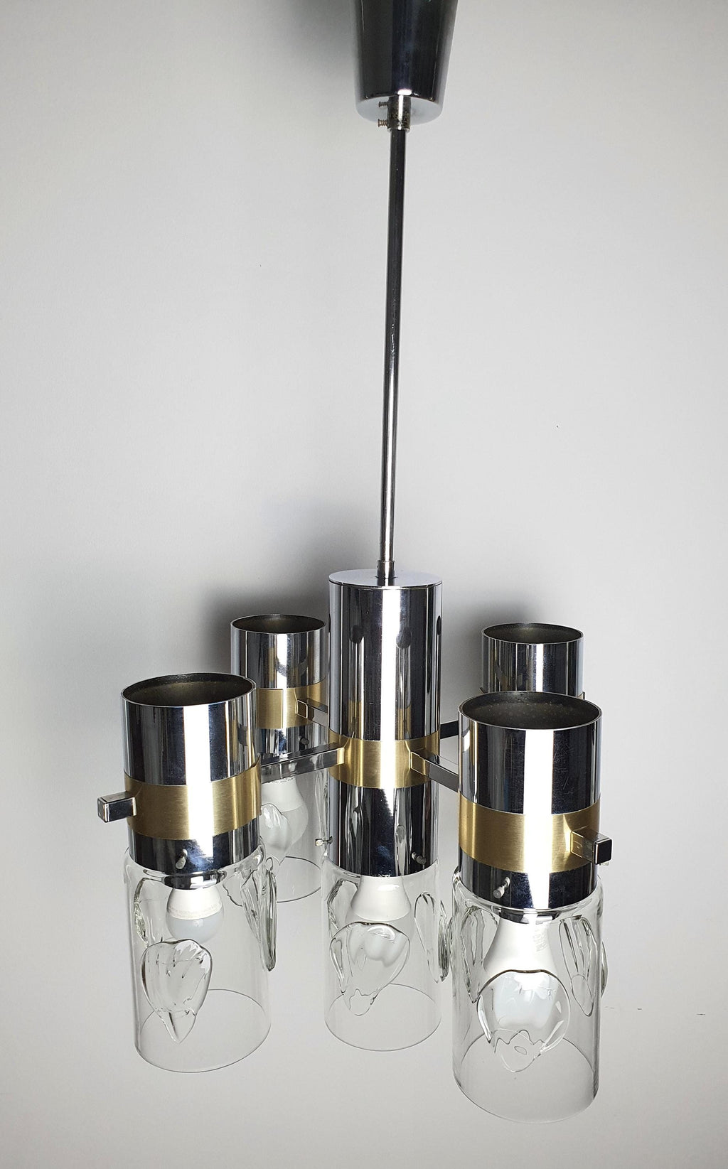 Vintage Space Age Sputnik chandelier side profile, showing 89cm full height, chrome gold arms and handcrafted glass diffusers