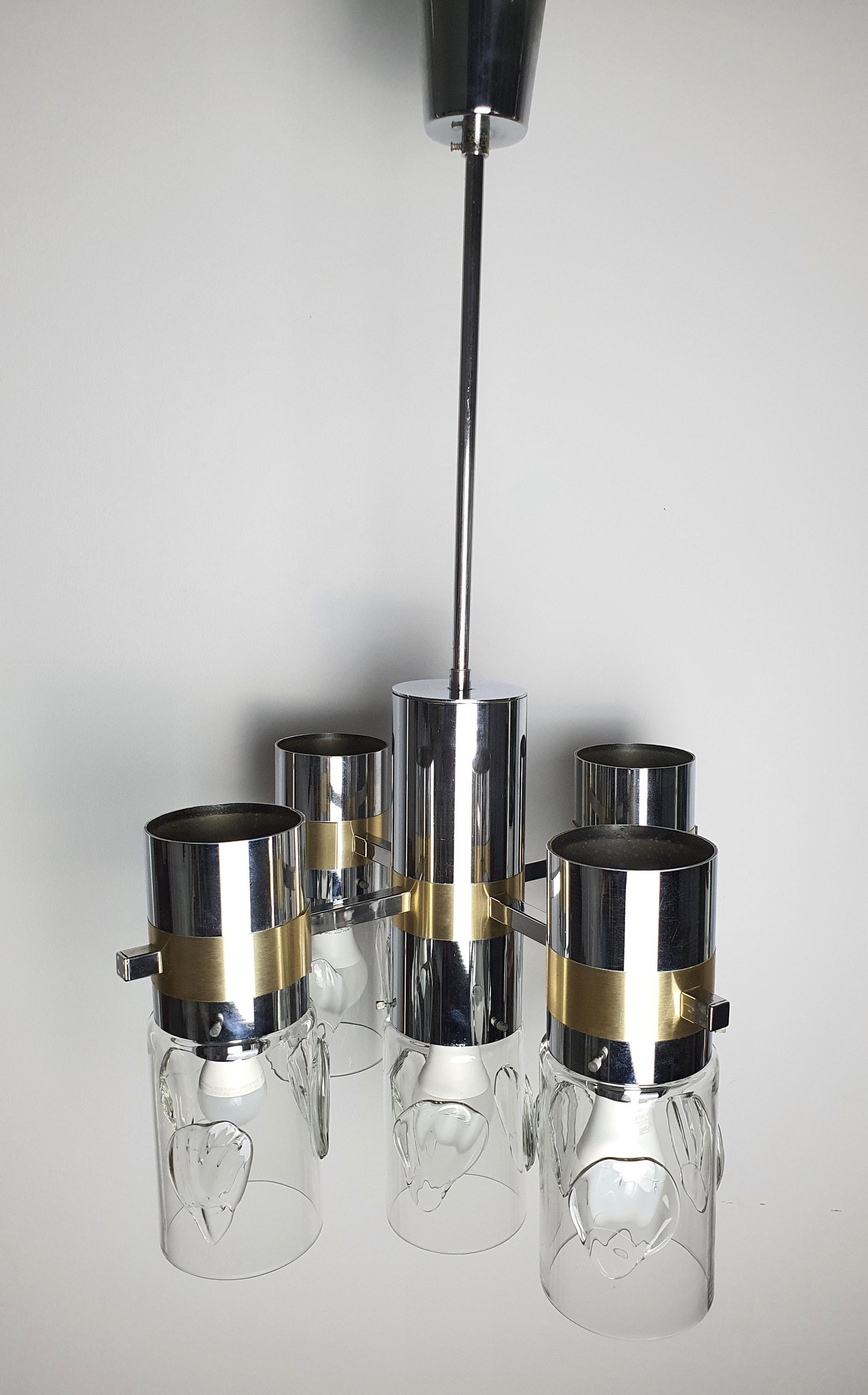 Vintage Space Age Sputnik chandelier side profile, showing 89cm full height, chrome gold arms and handcrafted glass diffusers