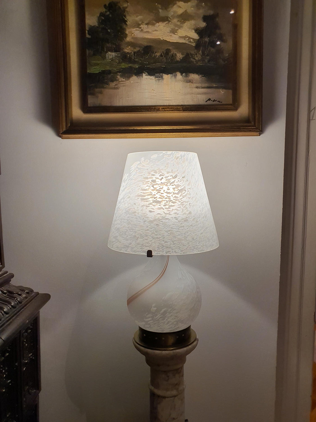 Murano Glass Mushroom Desk Lamp: White Swirl Vintage Table Light