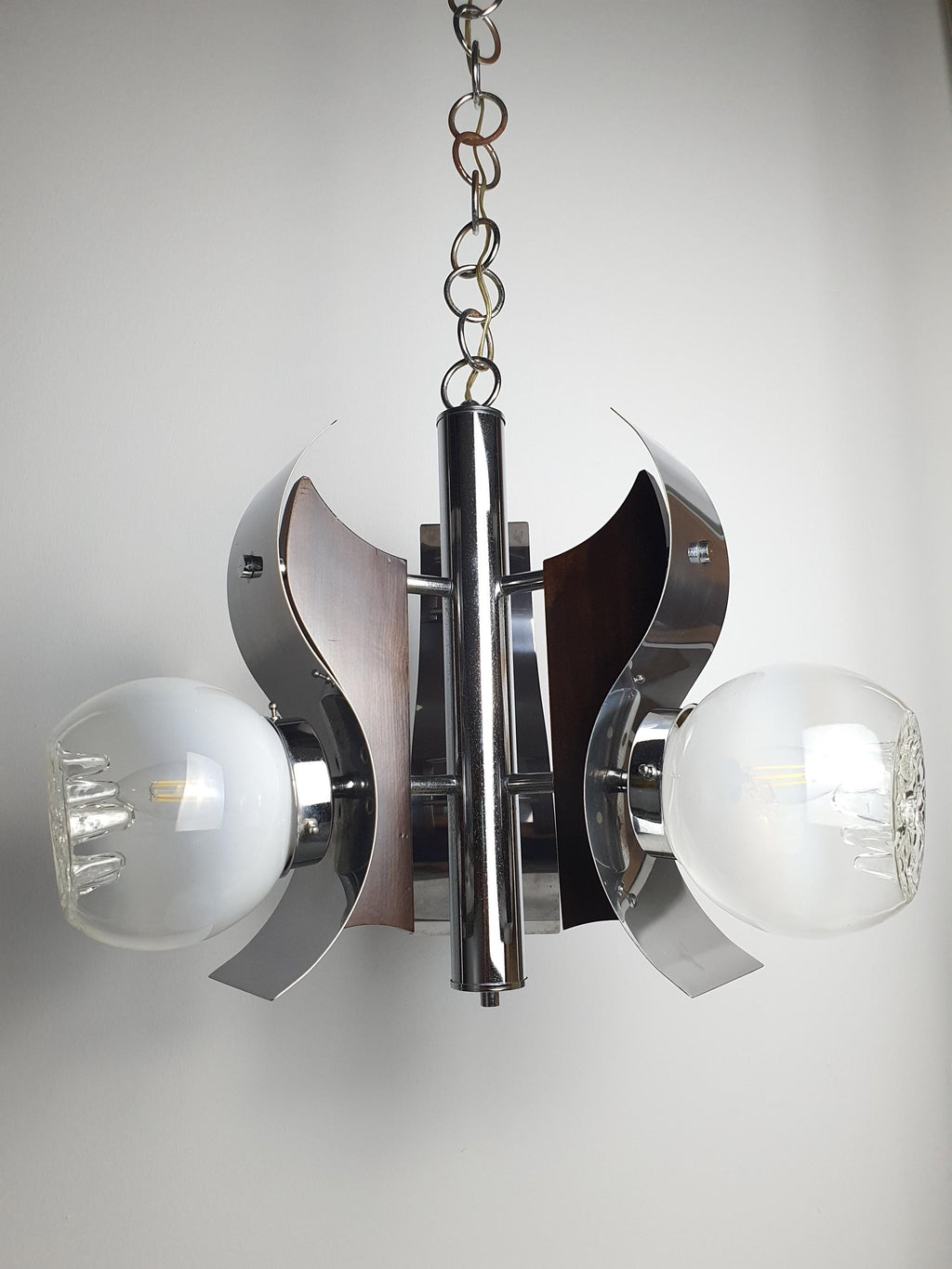 Chrome arm and wooden base detail, vintage Murano glass Mazzega-style 3-globe chandelier, 1970s Italy